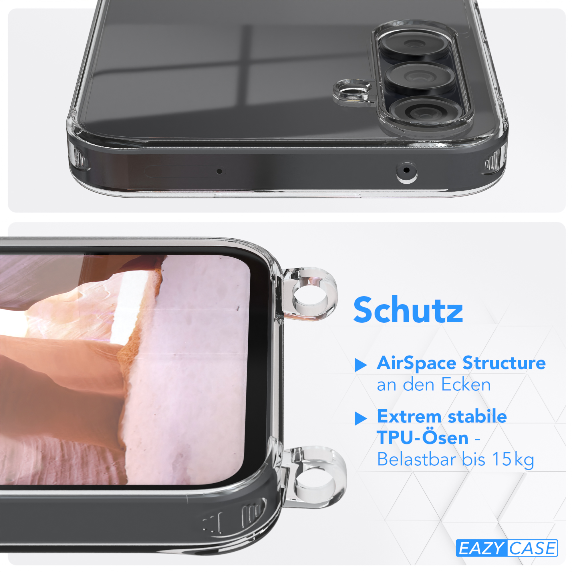 Transparente Handyhülle mit Telefondetails. Text: AirSpace Structure, Extrem stabile TPU-Ösen - Belastbar bis 15kg.