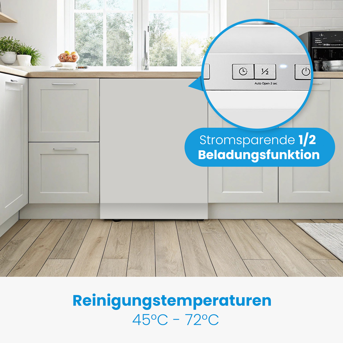 Eine Küchenszene mit einem Geschirrspüler, die Steuertasten und eine hervorgehobene Funktion zeigt.