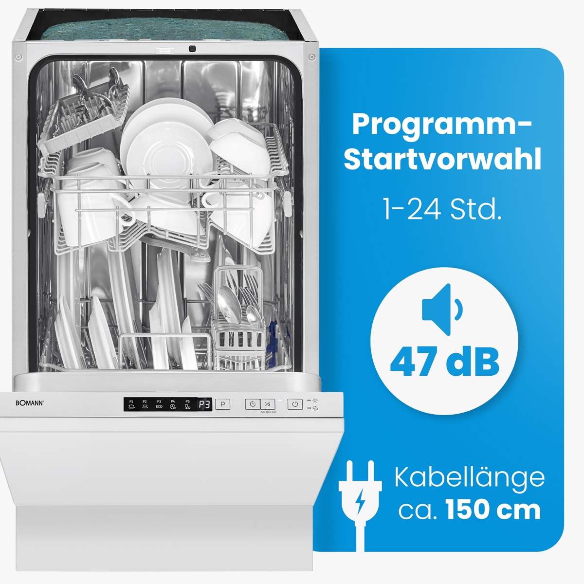 Geschirrspüler mit offener Tür, gefüllt mit Geschirr und Tassen, mit einer blauen Infobox.