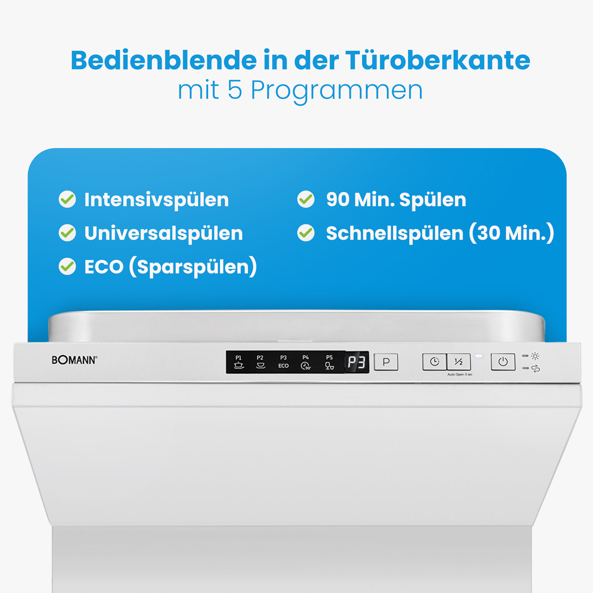 Ein Bedienfeld eines weißen Geräts mit blauem Abschnitt, der verschiedene Reinigungsprogramme zeigt.