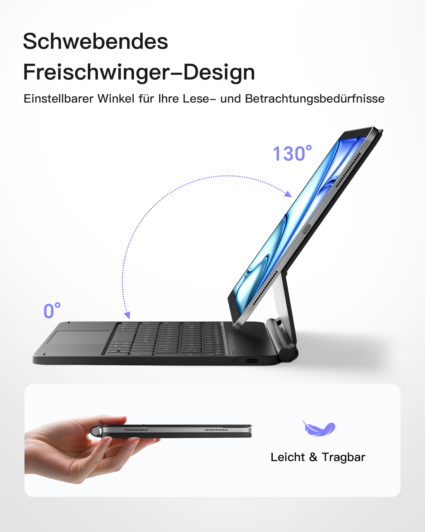 Schwarzes Tablet auf Tastaturständer, abgewinkelt. Hand hält Tablet. Text: Einstellbarer Winkel. Leicht.
