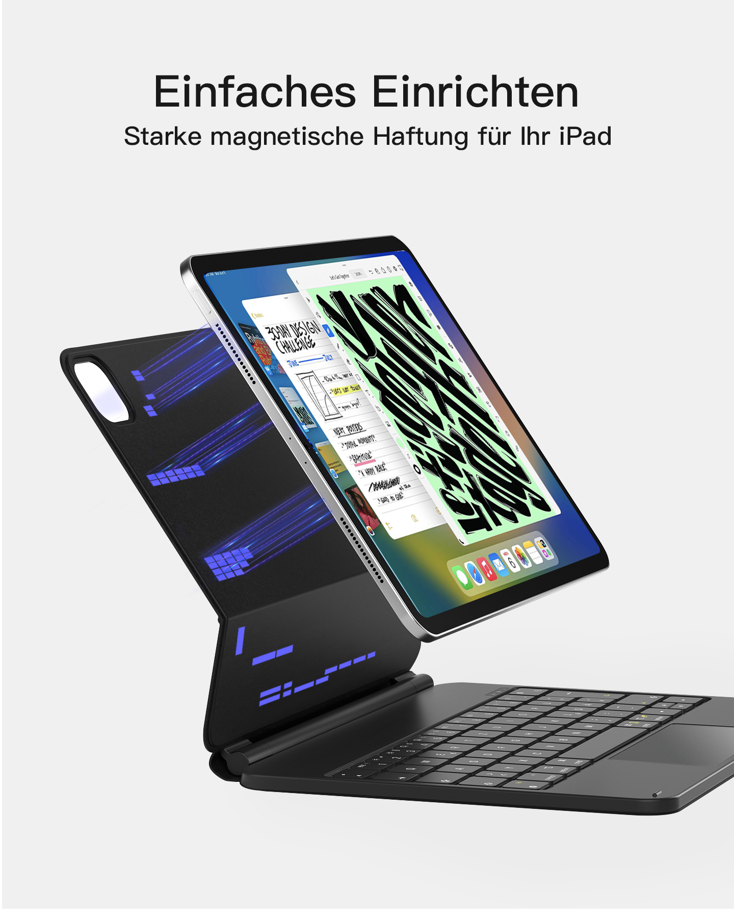 Ein iPad mit Tastaturhülle, zeigt ein Display mit Dokument und Tastatur. Die Hülle ist geneigt.