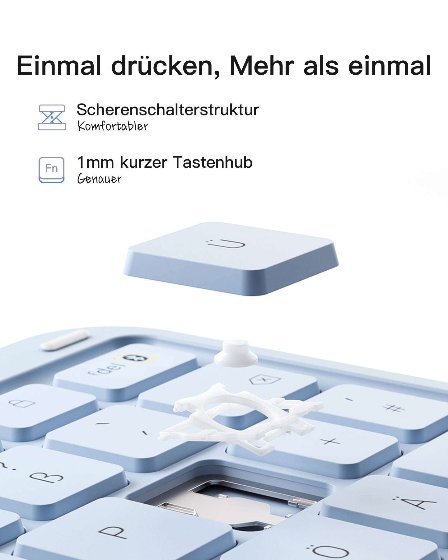 Hellblaue Tastatur mit entfernter Taste und Diagramm des Tastenmechanismus.