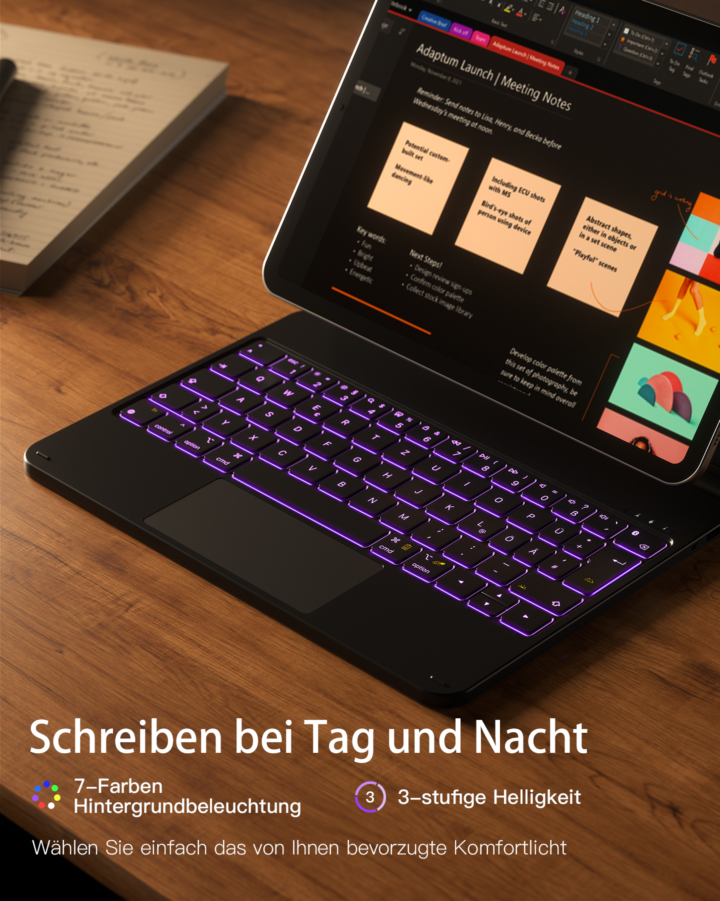 Schwarze Tablet-Tastatur mit lila Hintergrundbeleuchtung und einem Dokument auf dem Bildschirm.