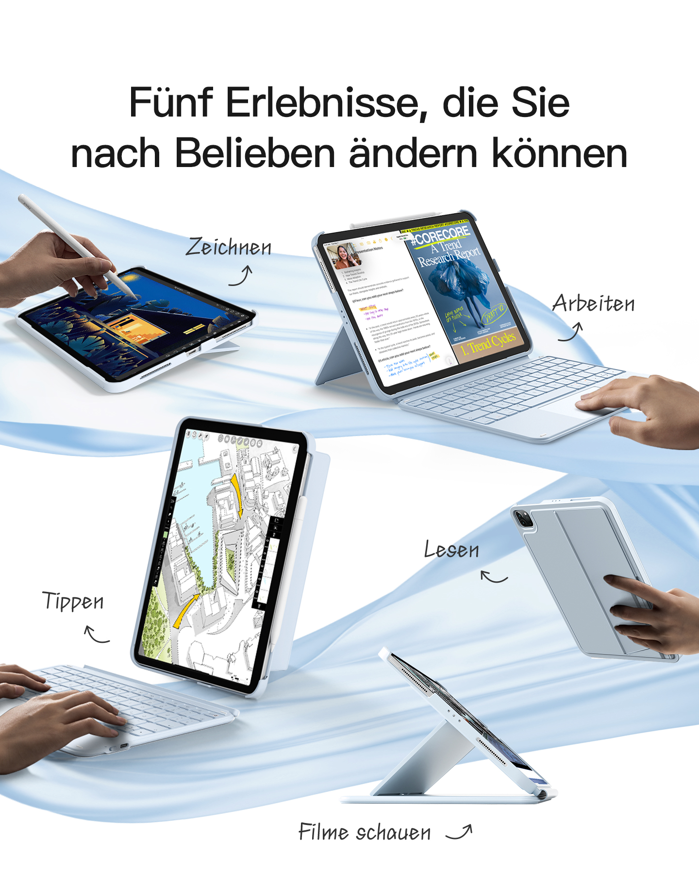 Mehrere iPad-Setups: Zeichnen, Arbeiten, Tippen, Lesen und Filme schauen. Wasserartiger Hintergrund.
