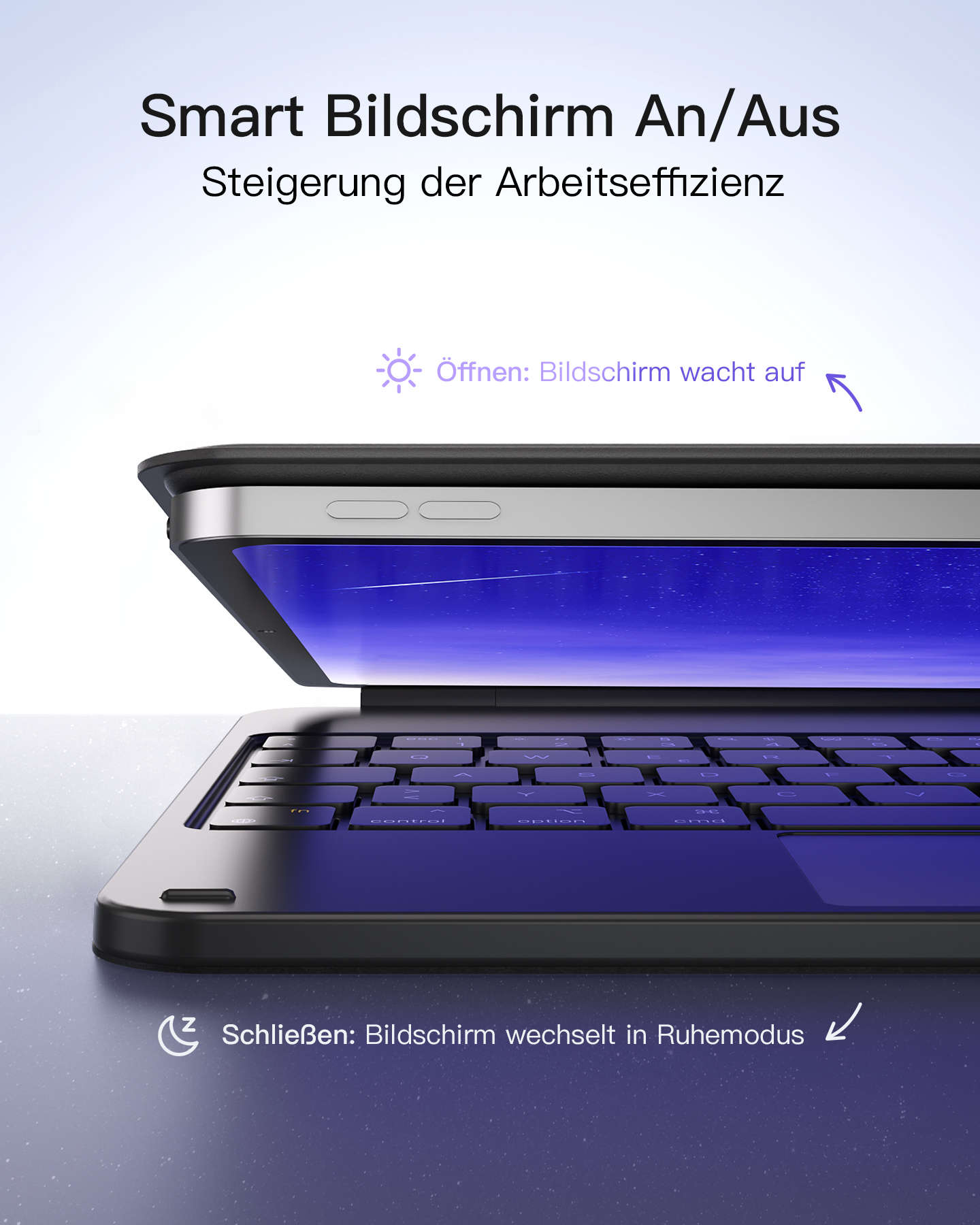 Nahaufnahme Tablet mit Tastatur. Bildschirm beleuchtet. Text: Smart Ein/Aus. Öffnen: Bildschirm wacht auf.