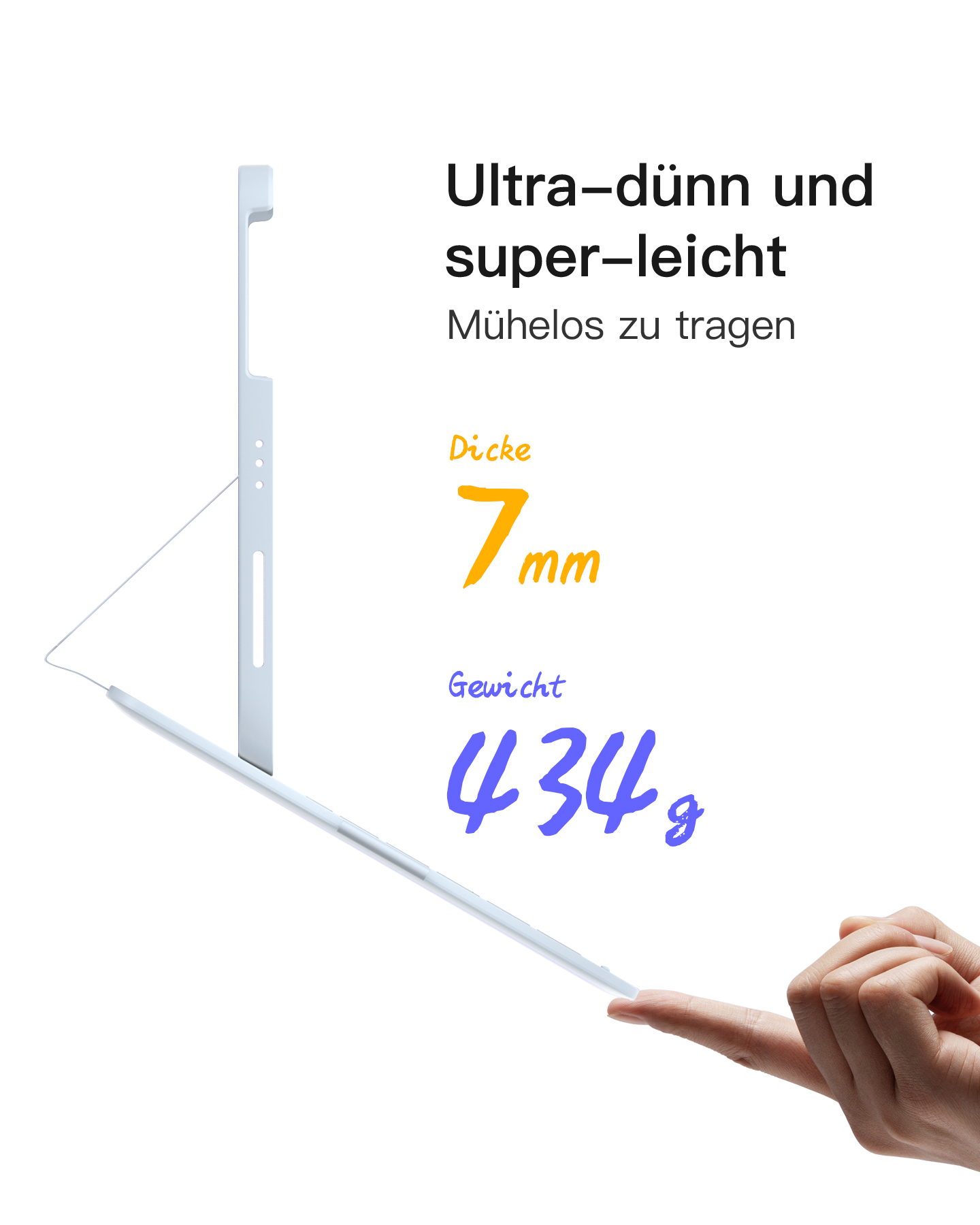 Ein weißer Stift und seine Basis, mit Text, der die Abmessungen und das Gewicht angibt.