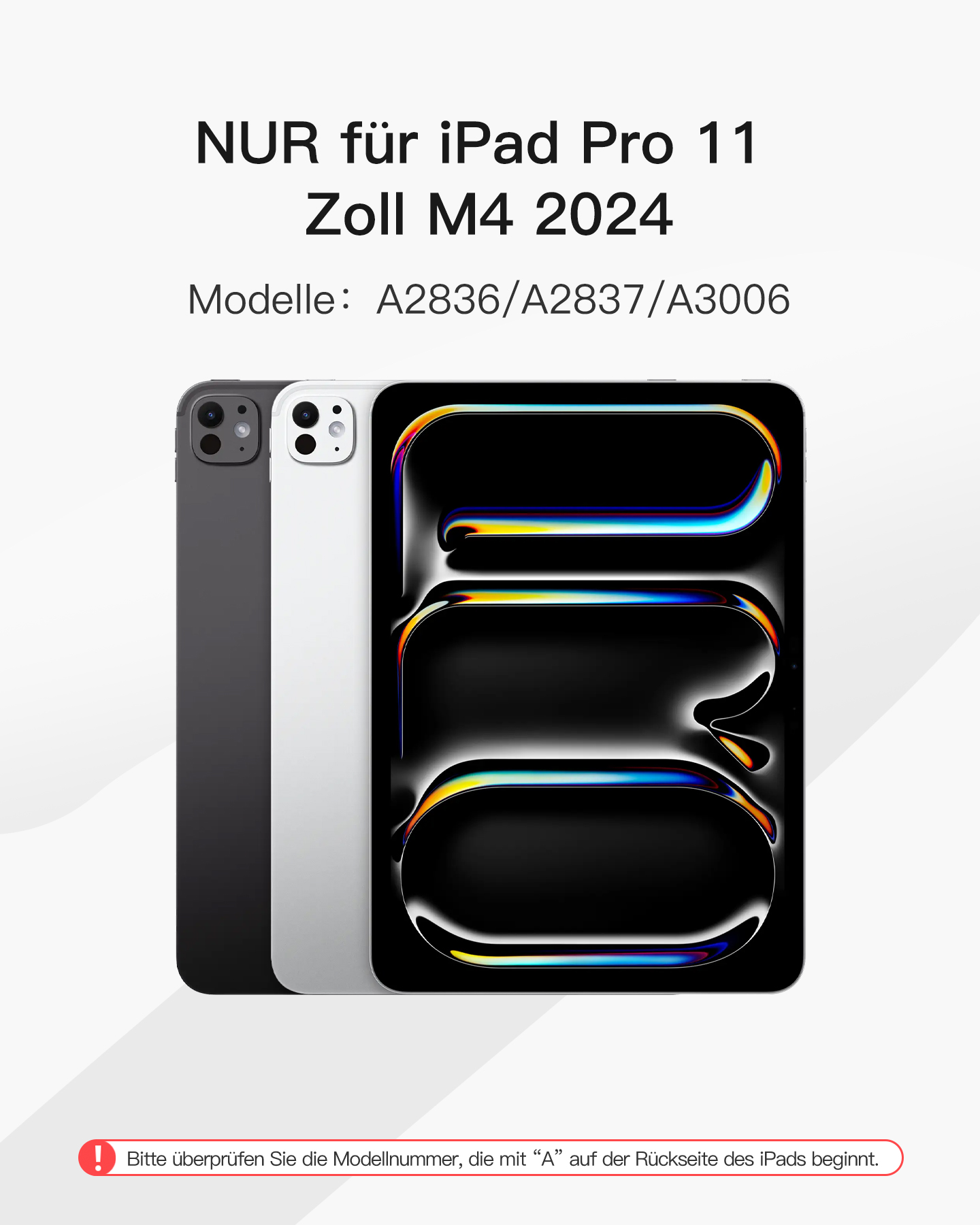 Drei iPads: schwarz, weiß und dunkelgrau, mit Modellinformationen.