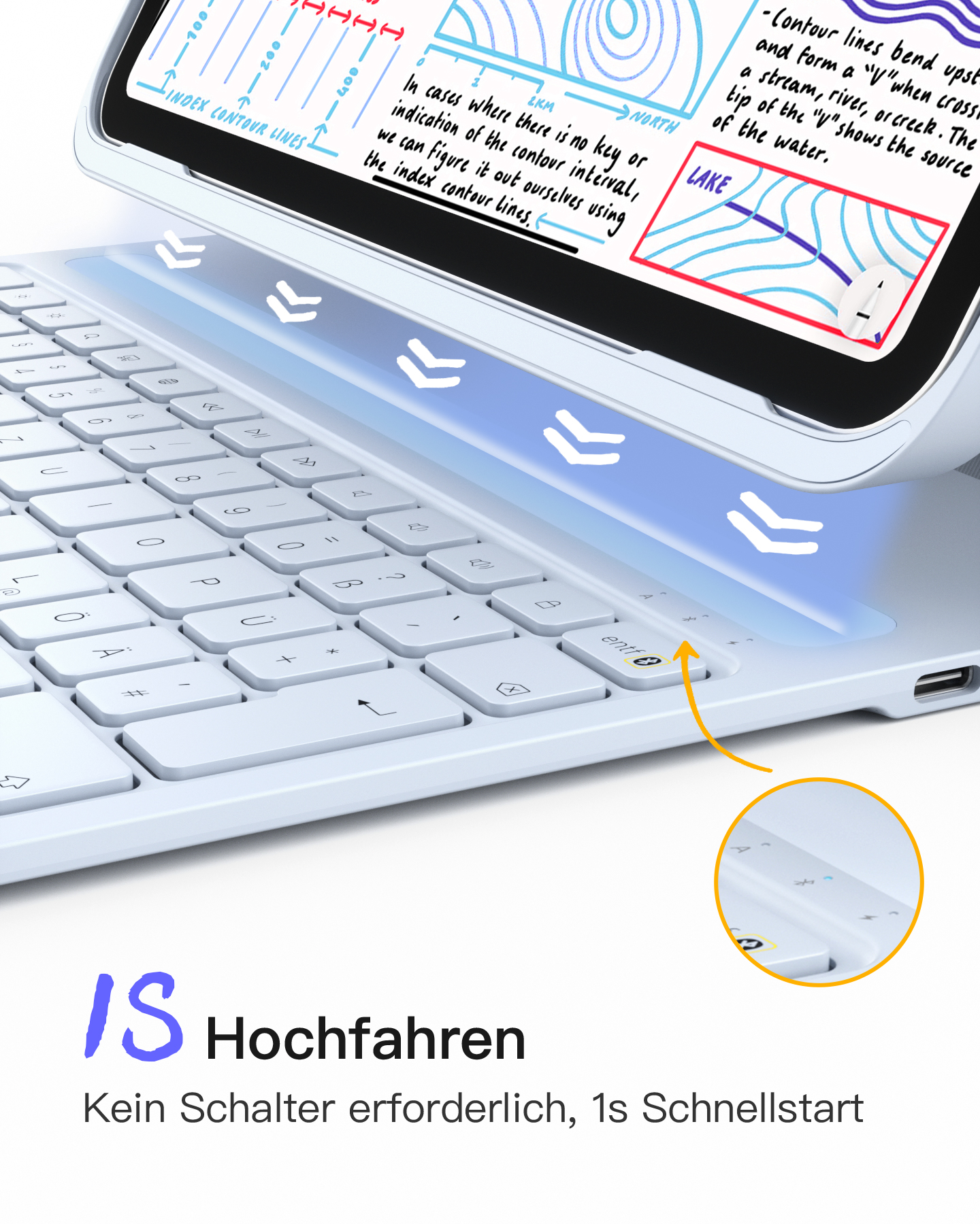 Tablet mit Tastatur, zeigt eine Zeichnung eines Sees und einige Höhenlinien.