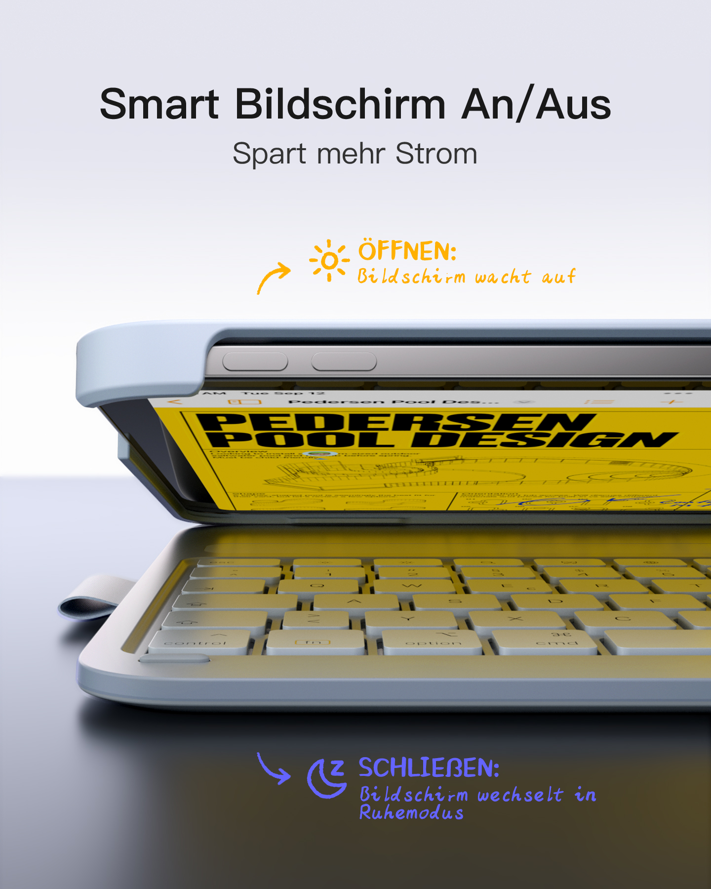 Telefon in einer Hülle mit Tastatur. Text zeigt an, dass sich der Bildschirm ein- und ausschaltet.