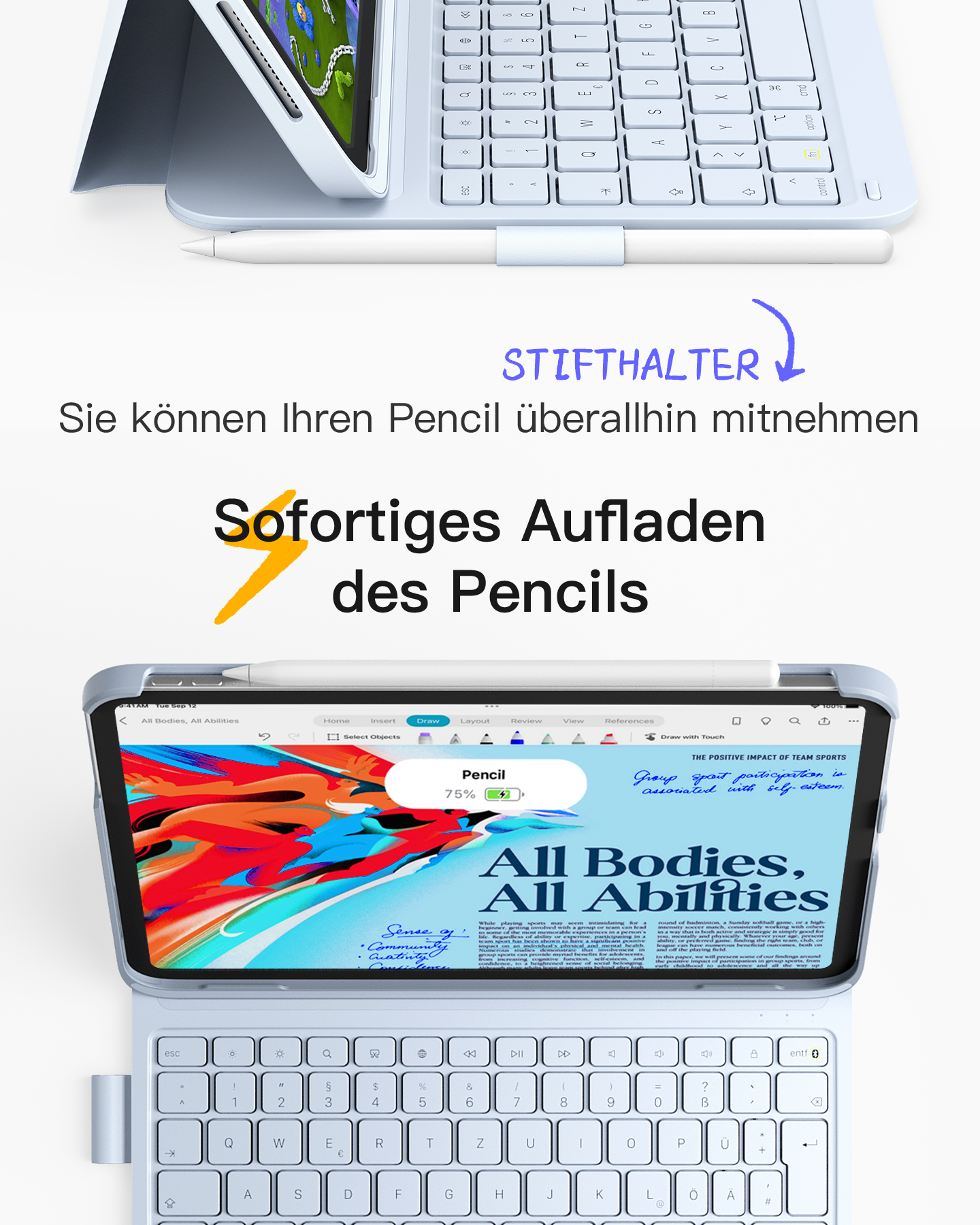 Ein iPad mit Tastatur, zeigt ein Dokument auf dem Bildschirm. Ein Stift wird oben auf dem Tablet geladen.