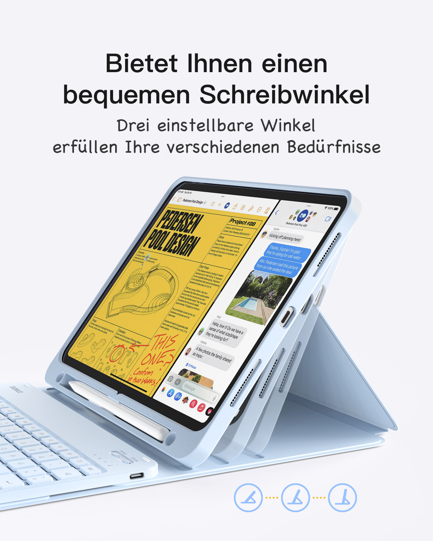 Tablet in einer Schutzhülle mit Tastatur. Display zeigt Designskizzen.