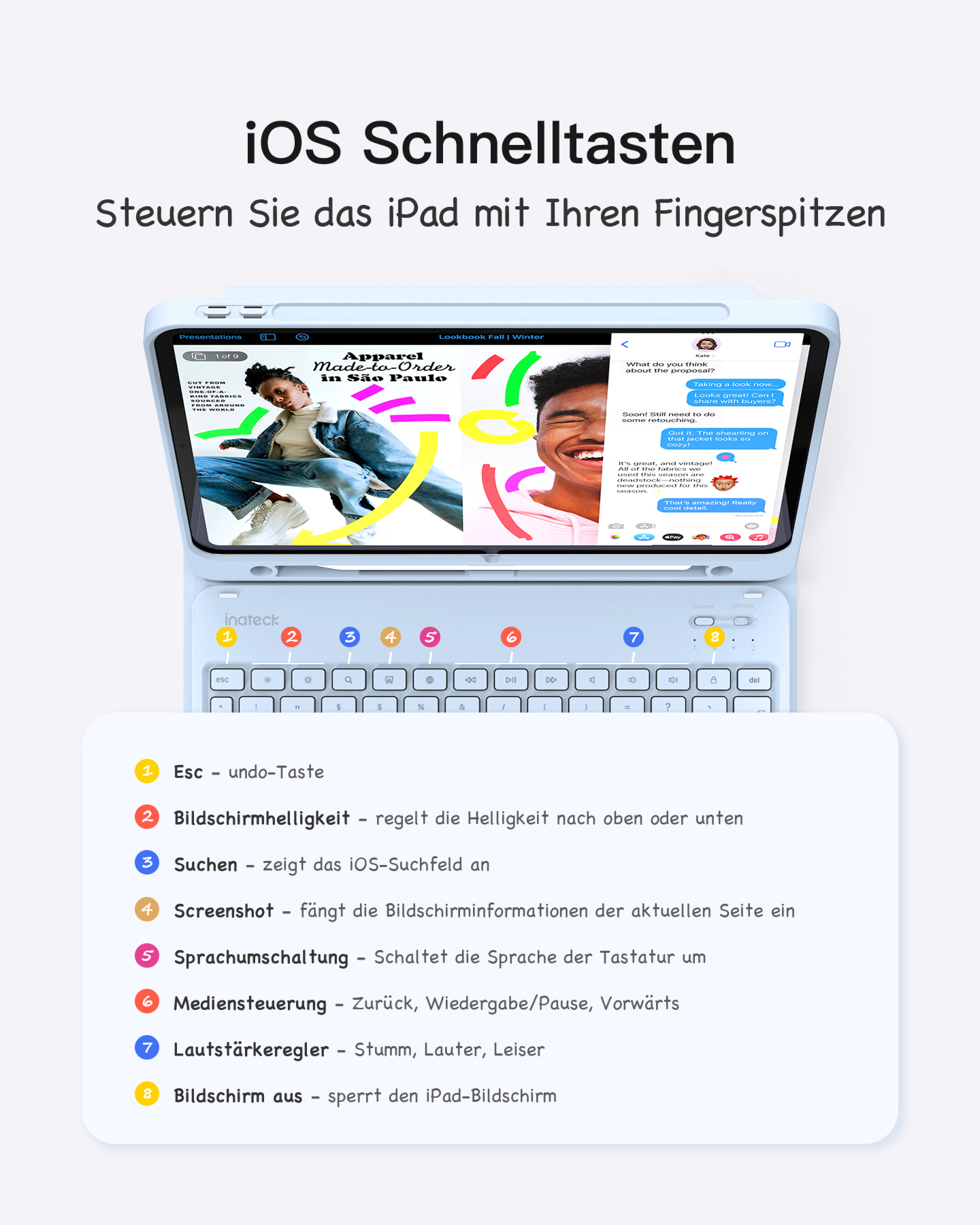 iPad mit Tastaturhülle. Der Bildschirm zeigt eine Social-Media-App. Eine Liste der Funktionen wird angezeigt.