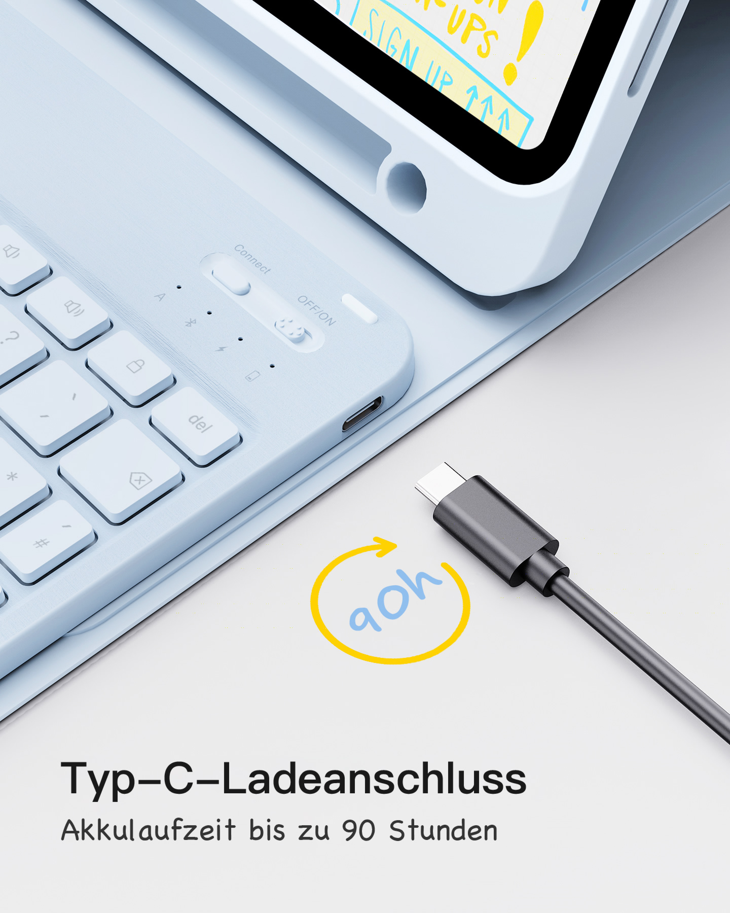 Ein Tablet mit angeschlossener Tastatur und einem Ladekabel. Text: Typ-C-Ladeanschluss, 90h Akkulaufzeit.