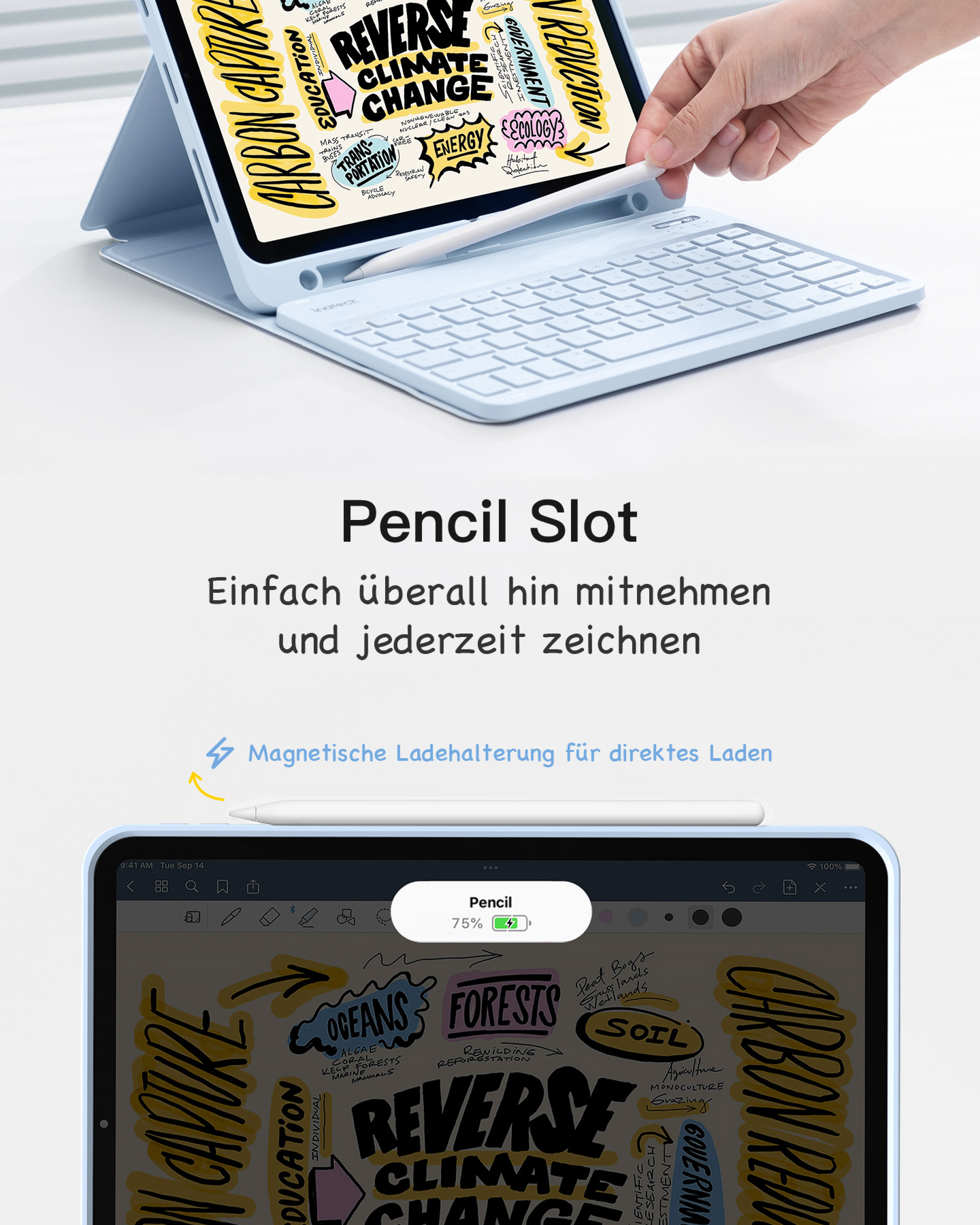 Blaues Tablet mit Tastatur und Stift. Hand zeichnet auf dem Bildschirm. Text: Pencil Slot, Magnetisches Laden.