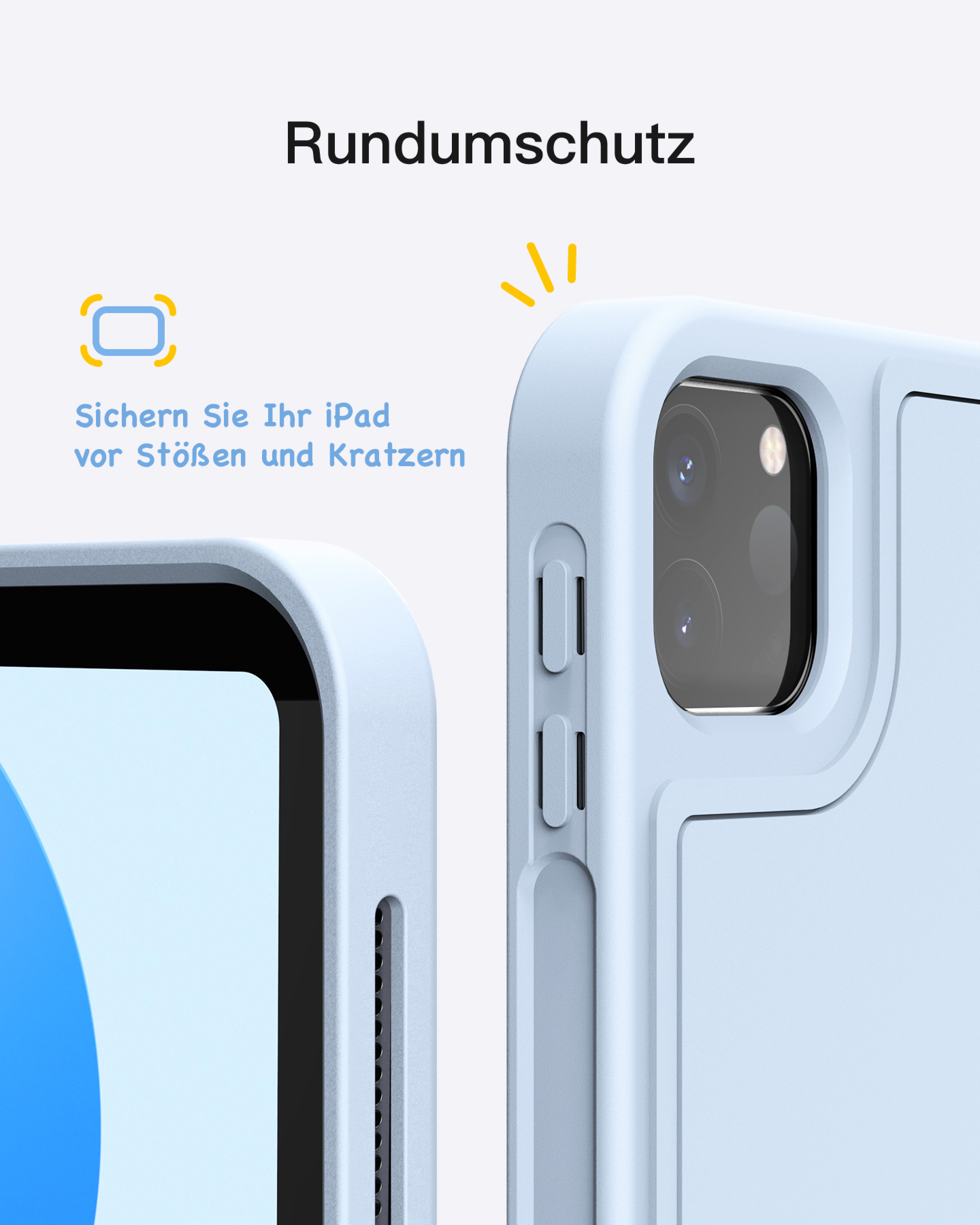 Hellblaue iPad-Hülle, zeigt den Rand und den Kamerabereich. Die Hülle ist hellblau.