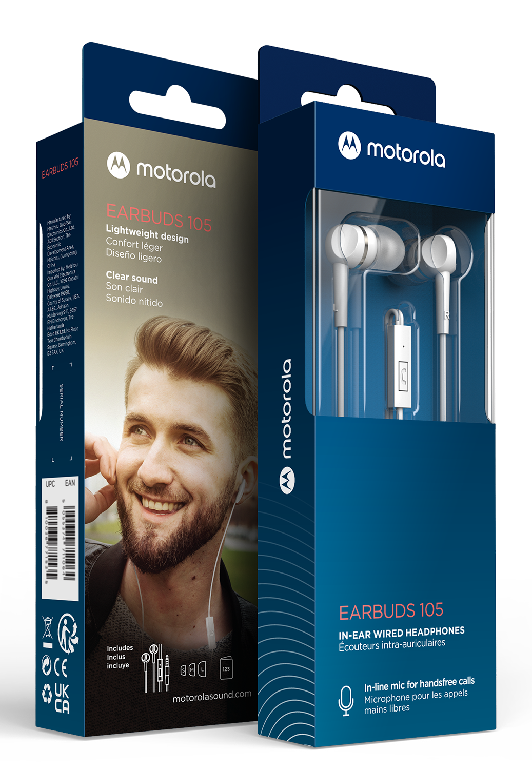 Zwei Motorola-Kopfhörerboxen mit einem lächelnden Mann, der Kopfhörer hält.