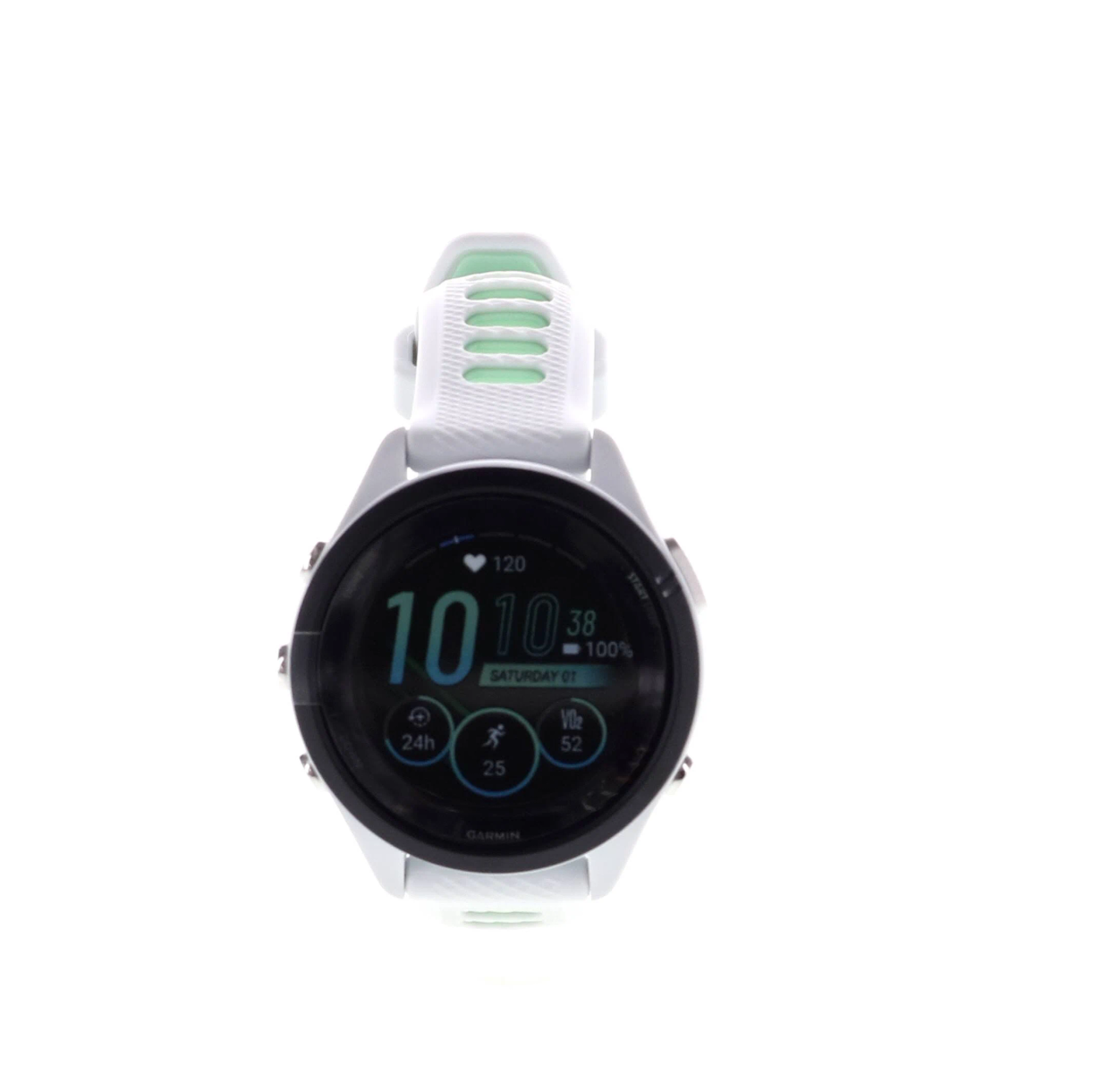 Biały smartwatch Garmin wyświetlający czas, tętno i inne wskaźniki fitness.