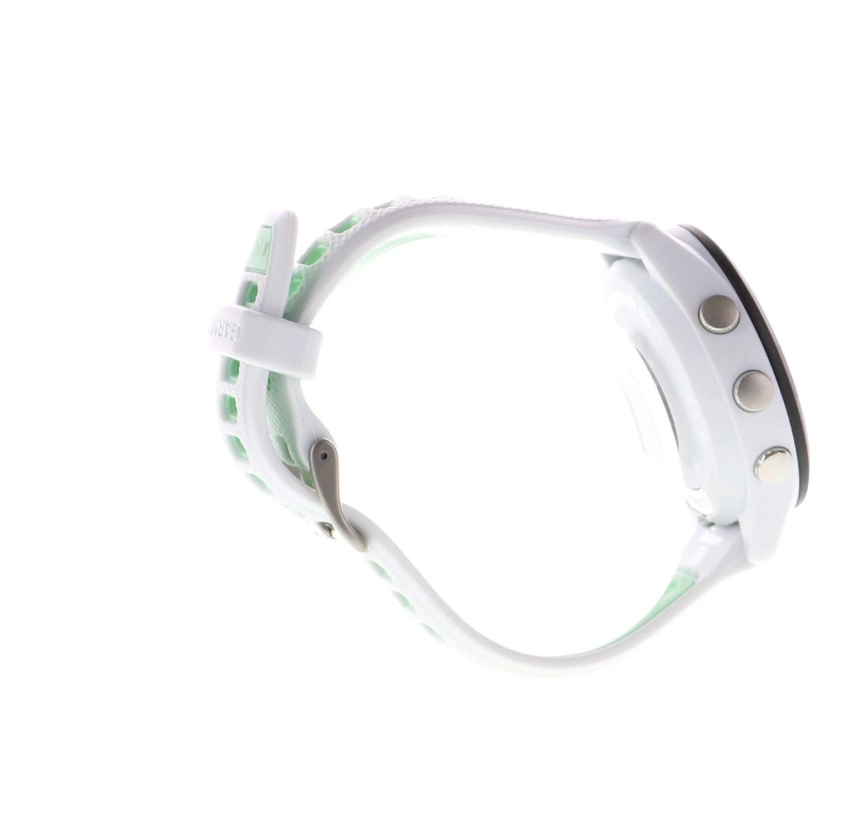 Biały zegarek Garmin. Ma biały pasek z jasnozielonymi akcentami i dwa przyciski.