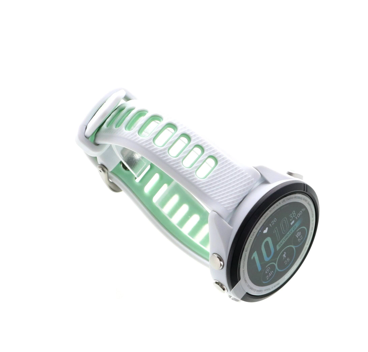 Biały i miętowo-zielony smartwatch z białym paskiem. Ekran pokazuje czas, tętno i kroki.