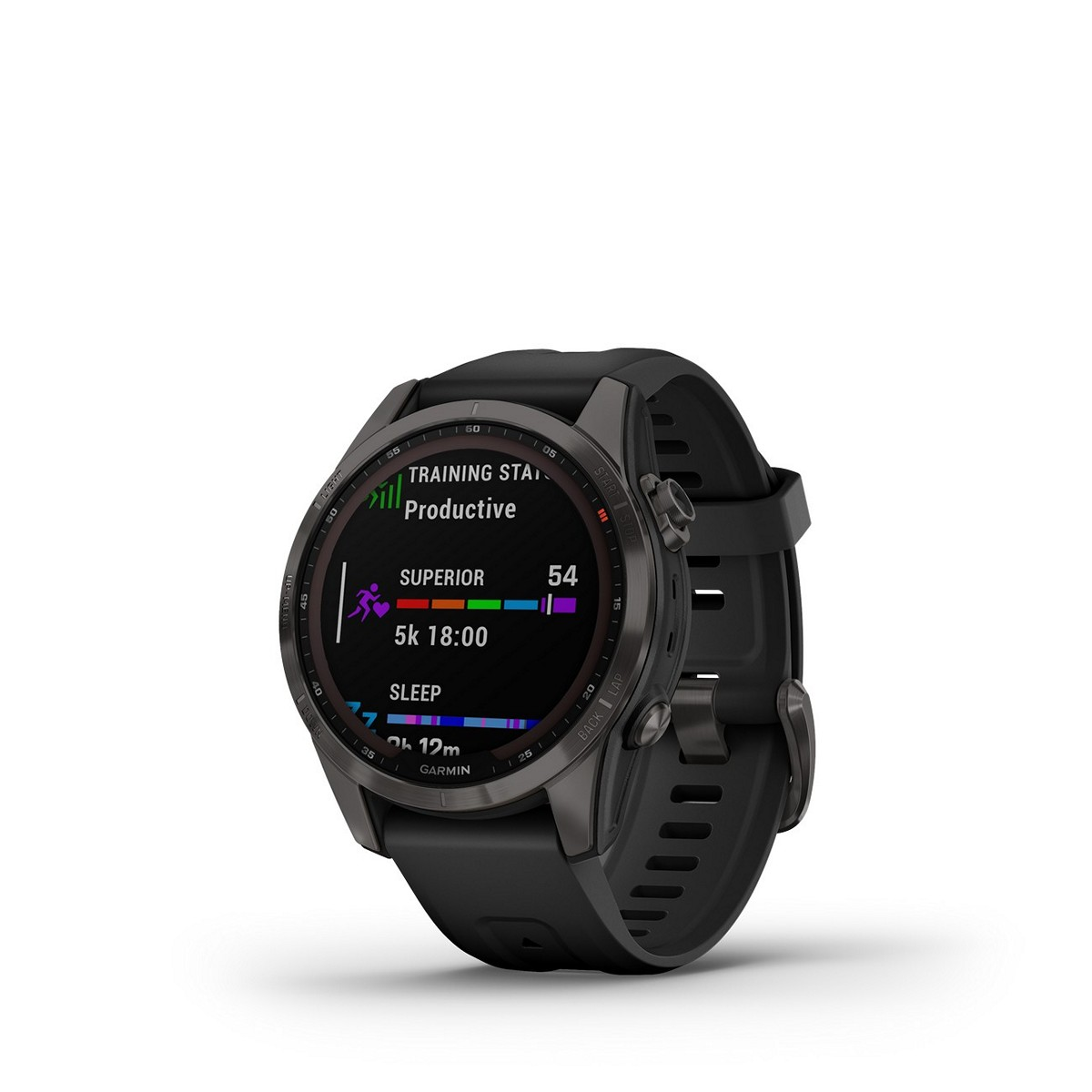 Schwarze Garmin Smartwatch, die Trainingsdaten anzeigt. Die Uhr hat ein schwarzes Armband.