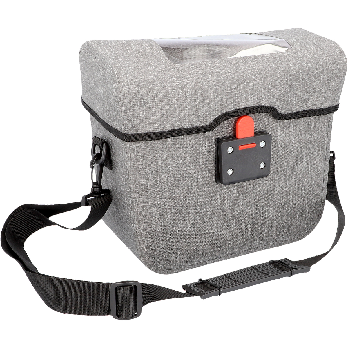 Eine graue Fahrradtasche mit durchsichtigem Oberteil und schwarzem Gurt. Hat roten Clip und schwarze Halteplatte.