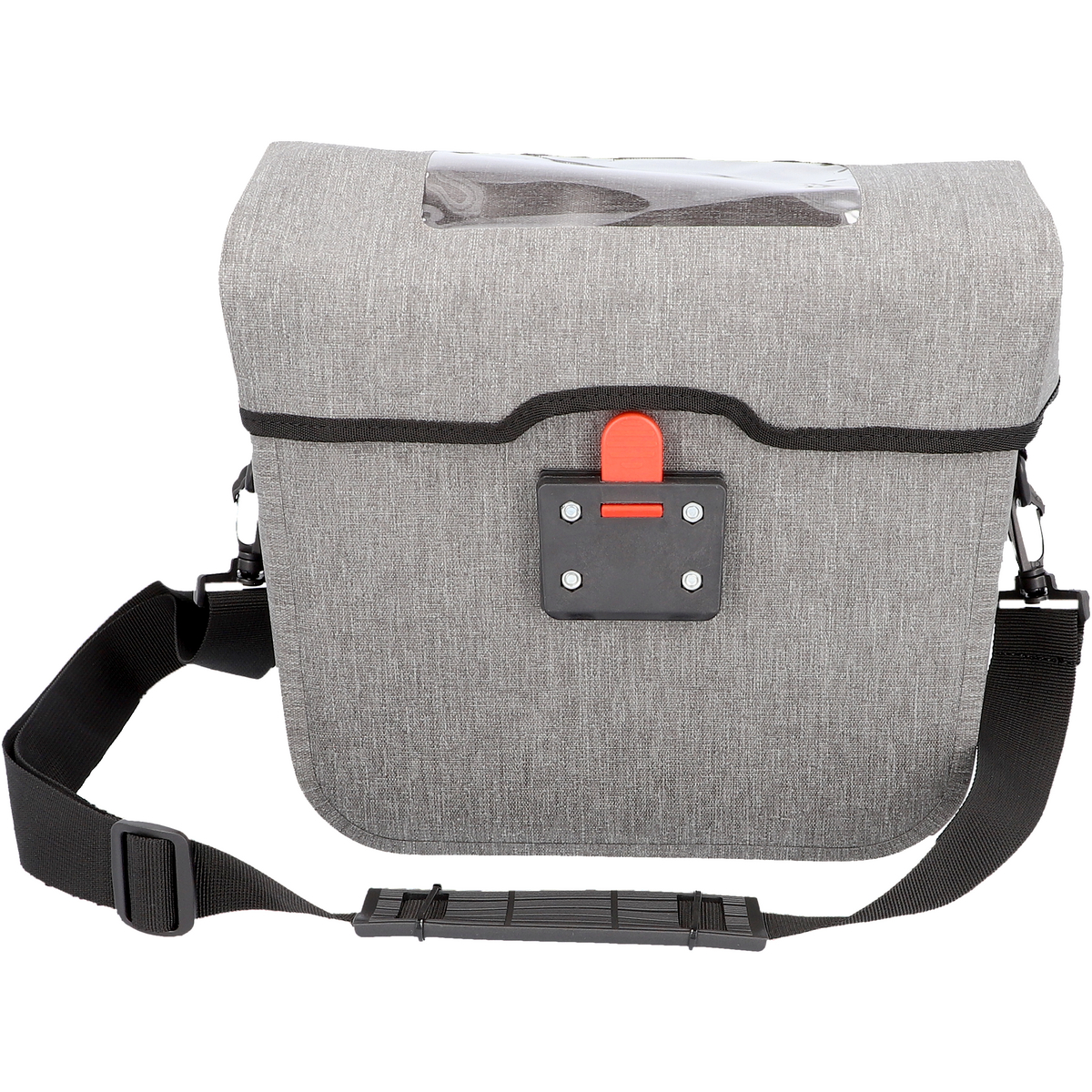 Graue Fahrradtasche mit Riemen und durchsichtigem Kunststofffenster. Sie hat schwarze Riemen und eine rote Schnalle.