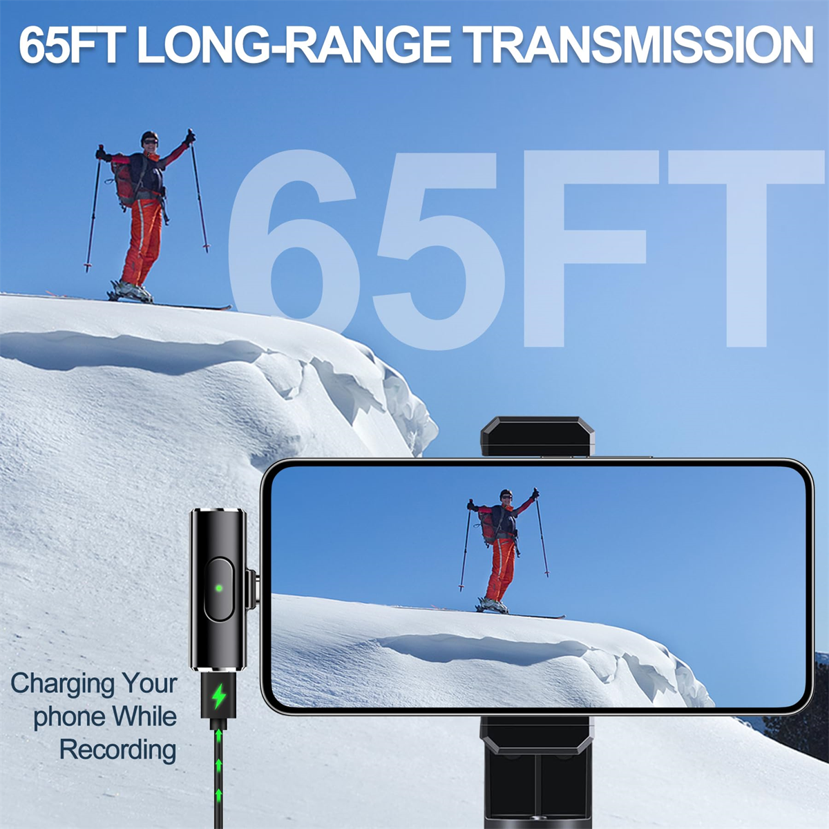 Ein Skifahrer auf einem verschneiten Berghang, mit einem Telefon, das die Szene anzeigt und ein Gerät lädt.