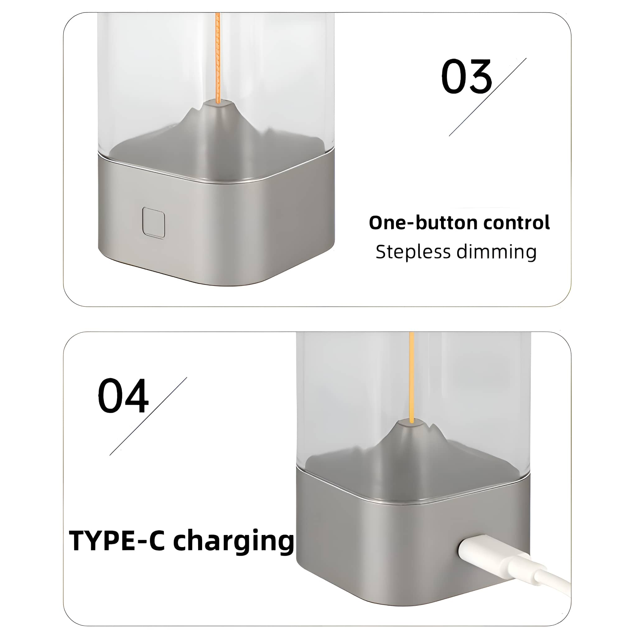 Zwei Bilder mit Details einer modernen Lampe. Ein-Knopf-Steuerung und TYPE-C-Aufladung werden hervorgehoben.
