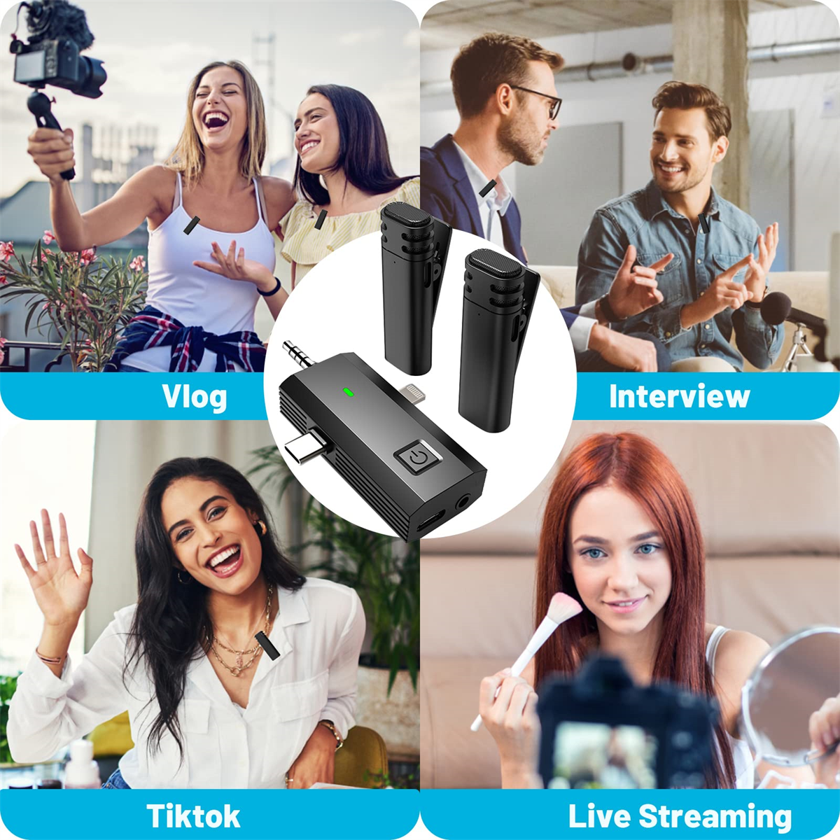 Personen, die drahtlose Mikrofone für Vlog, Interview, Tiktok und Live-Streaming verwenden. Blaue Textfelder.