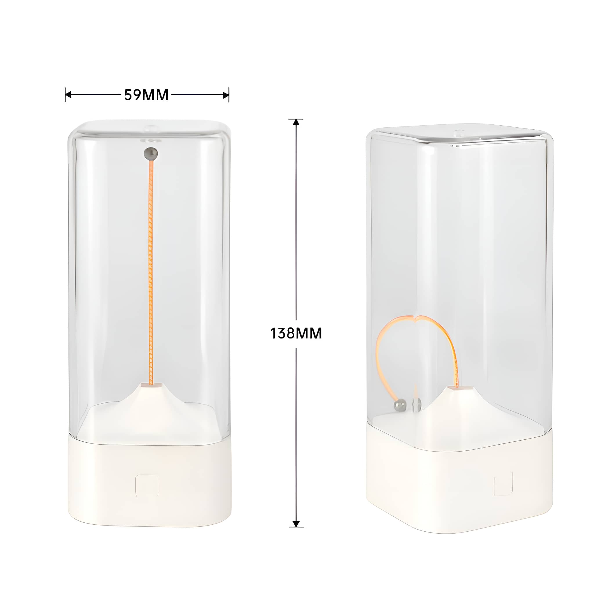 Zwei durchsichtige zylindrische Lampen mit weißem Sockel und orangefarbener Innenverkabelung.