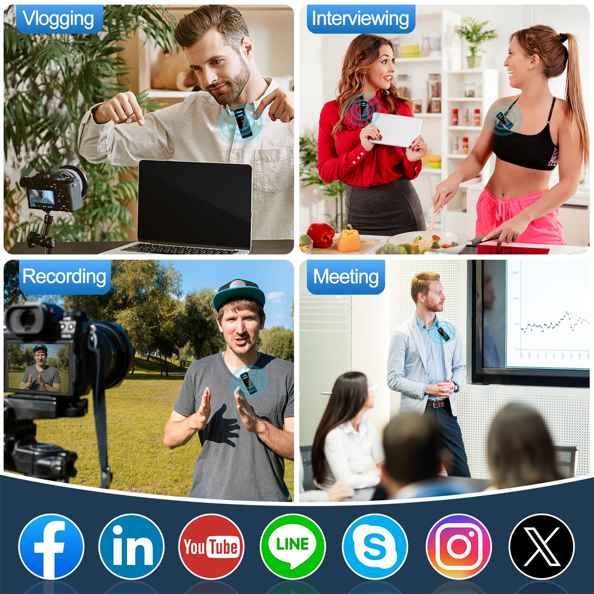 Vier Szenen: Vlogging, Interviewing, Recording, Meeting. Jede hat eine Person mit Mikrofon.
