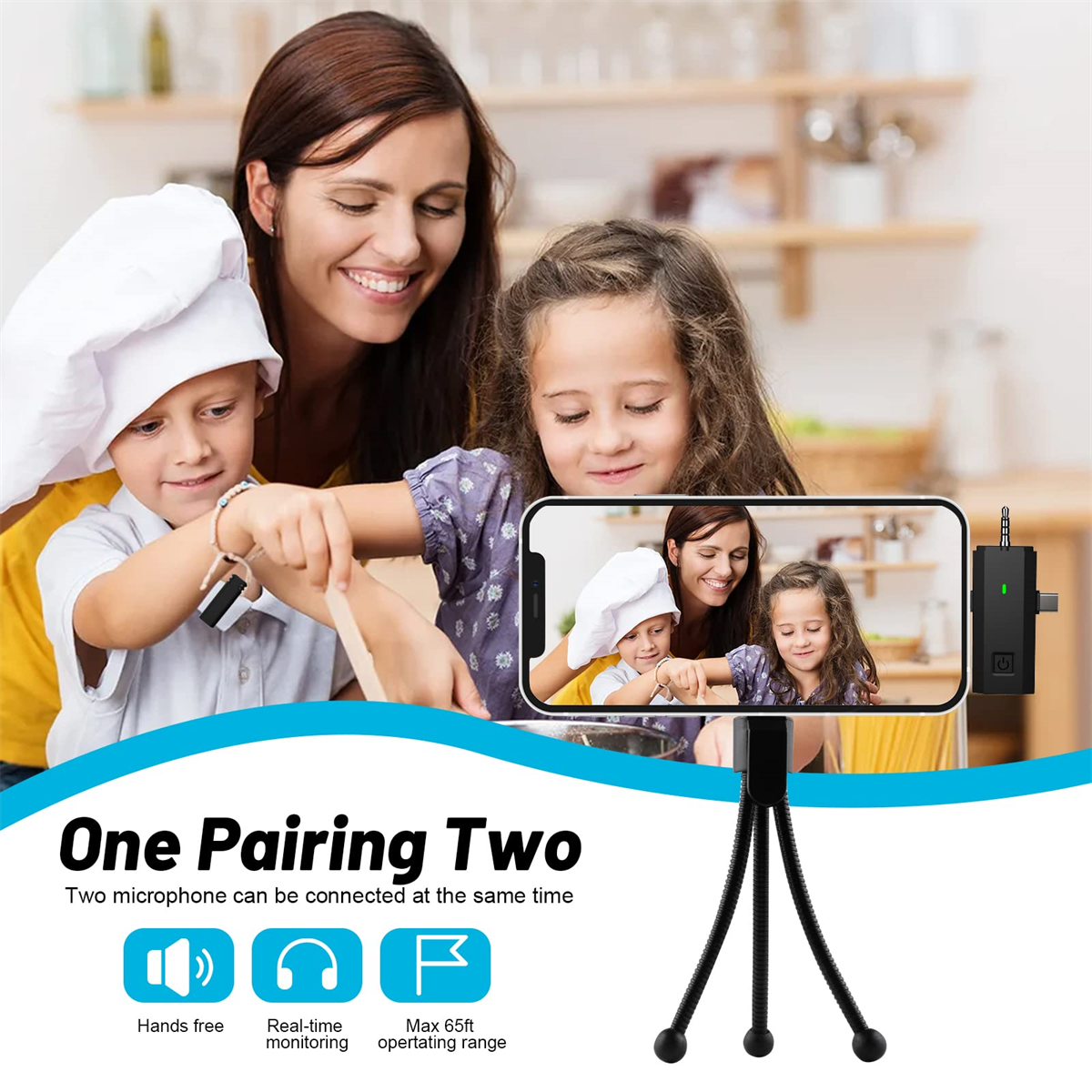 Familie nimmt Video mit Telefon, Stativ und zwei Mikrofonen auf.