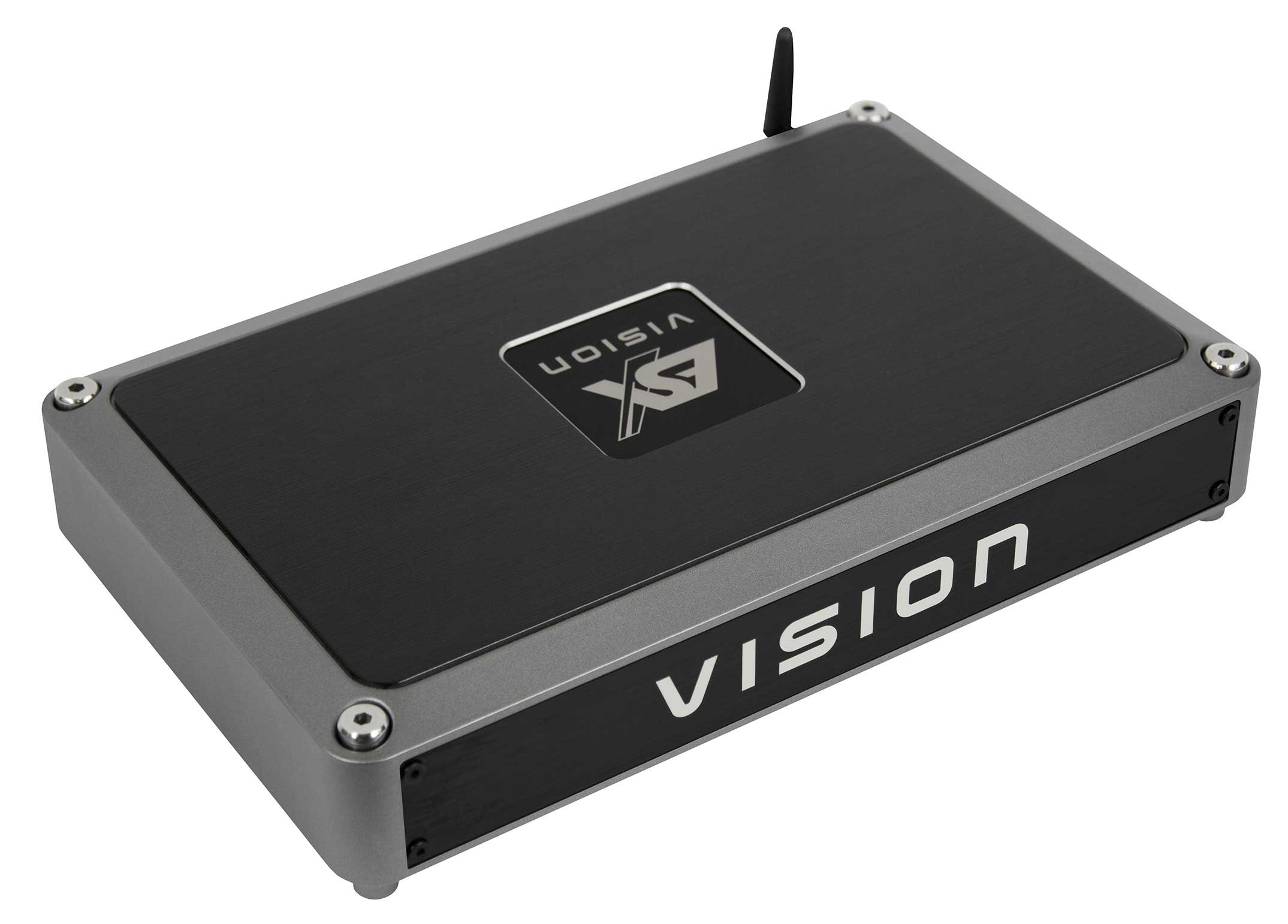 Ein Vision-Gerät. Es ist ein schwarzes und graues Rechteck mit dem Wort VISION darauf.