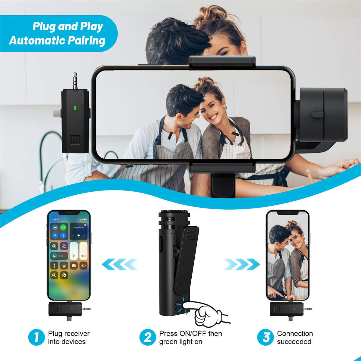 Diagramm, das ein drahtloses Mikrofonsystem mit Telefon-Pairing-Schritten zeigt.