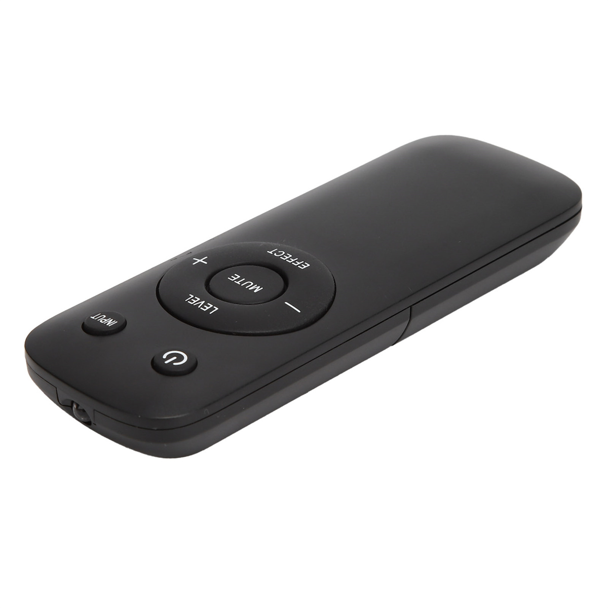 Schwarze Fernbedienung. Tasten für Input, +, -, Mute, Level und Power. Weißer Hintergrund.