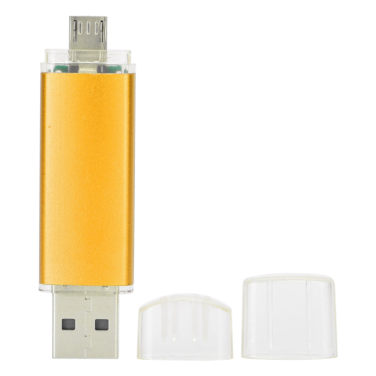Goldener USB-Stick mit durchsichtiger Kunststoffabdeckung und USB-Anschluss. Die Abdeckung ist ebenfalls durchsichtig.
