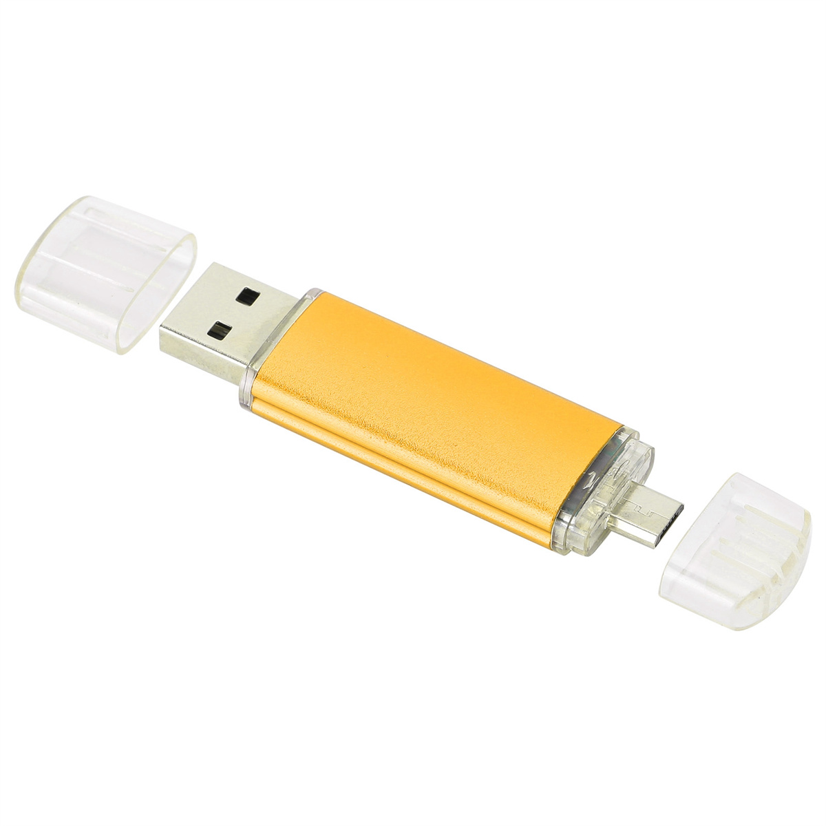 Ein USB-Stick mit zwei transparenten Kappen auf weißem Hintergrund.