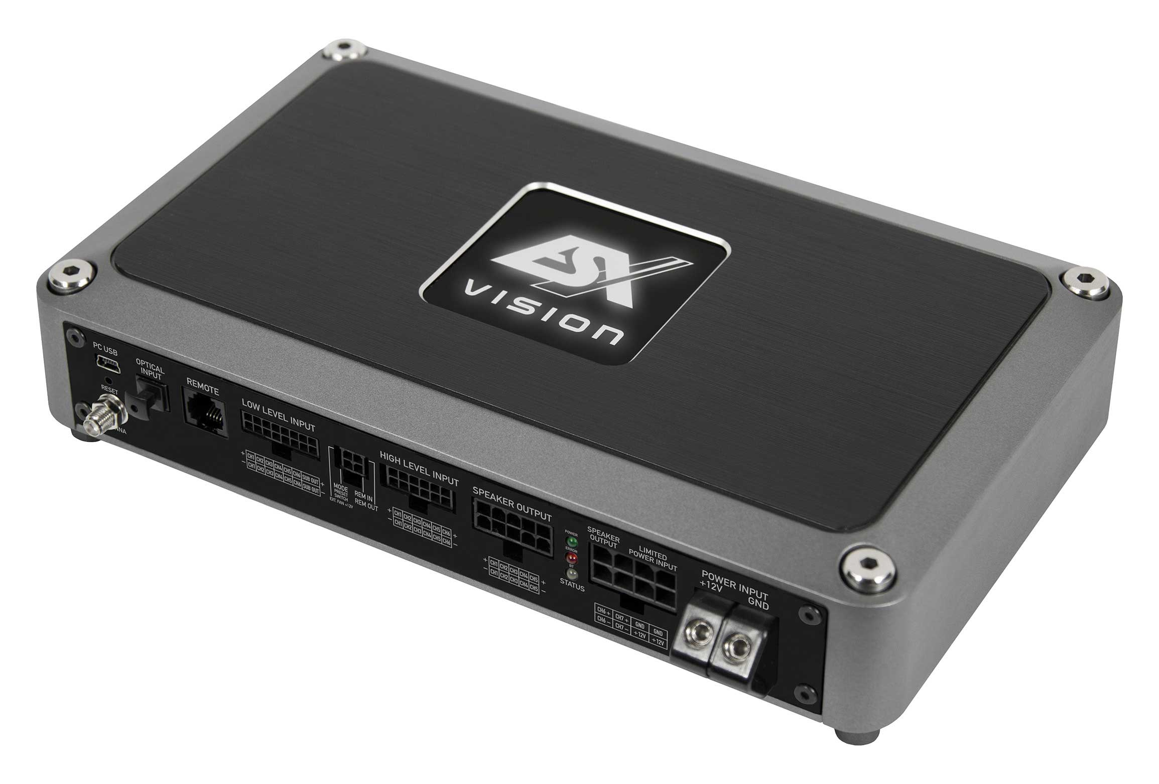 Ein Car-Audio-Verstärker mit vielen Ein- und Ausgängen. Die Marke ist 'ESX VISION'.