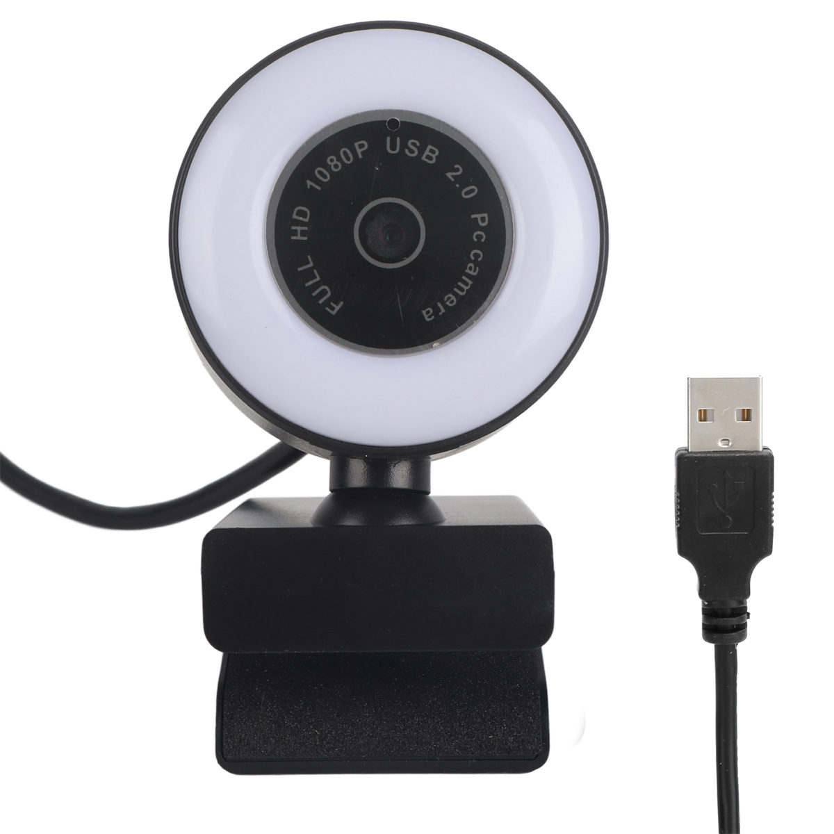 Webcam mit Ringlicht. USB-Kabel ist angeschlossen. Schwarze Basis und Gehäuse.