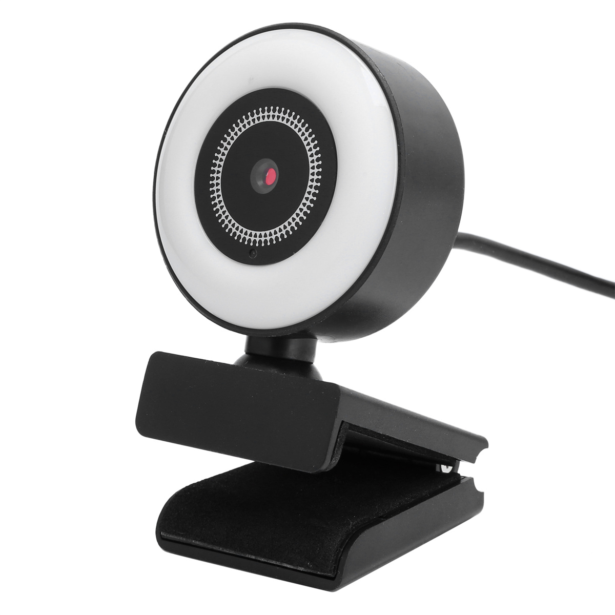 Eine schwarze Webcam mit einem weißen Ringlicht um die Linse, montiert an einem schwarzen Clip.