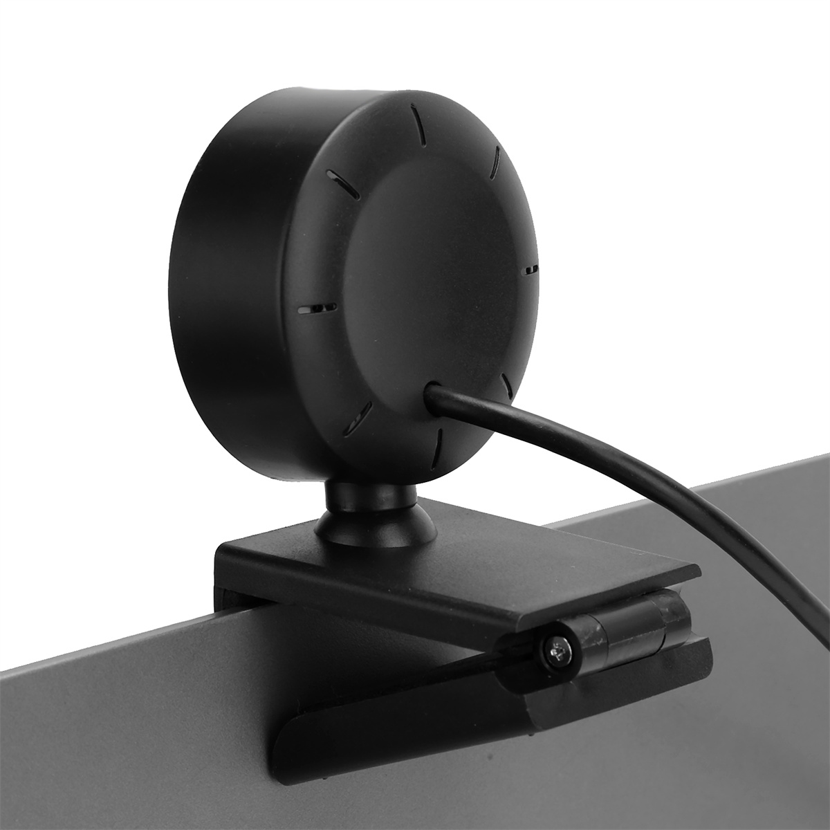 Schwarze Webcam an einem Monitor befestigt. Die Webcam ist an einem schwarzen Clip befestigt.