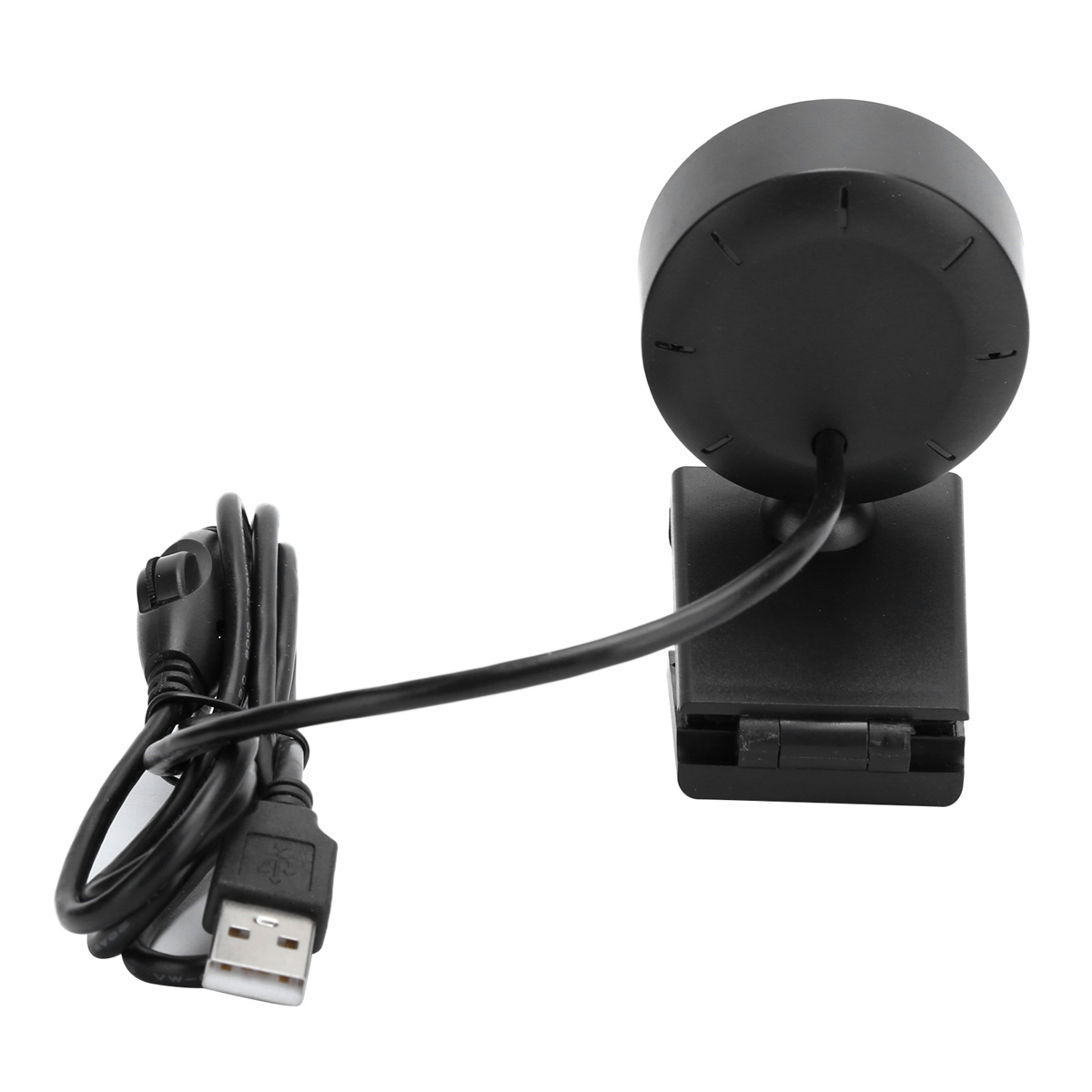 Eine schwarze Webcam mit USB-Kabel und Halteclip, positioniert auf weißem Hintergrund.
