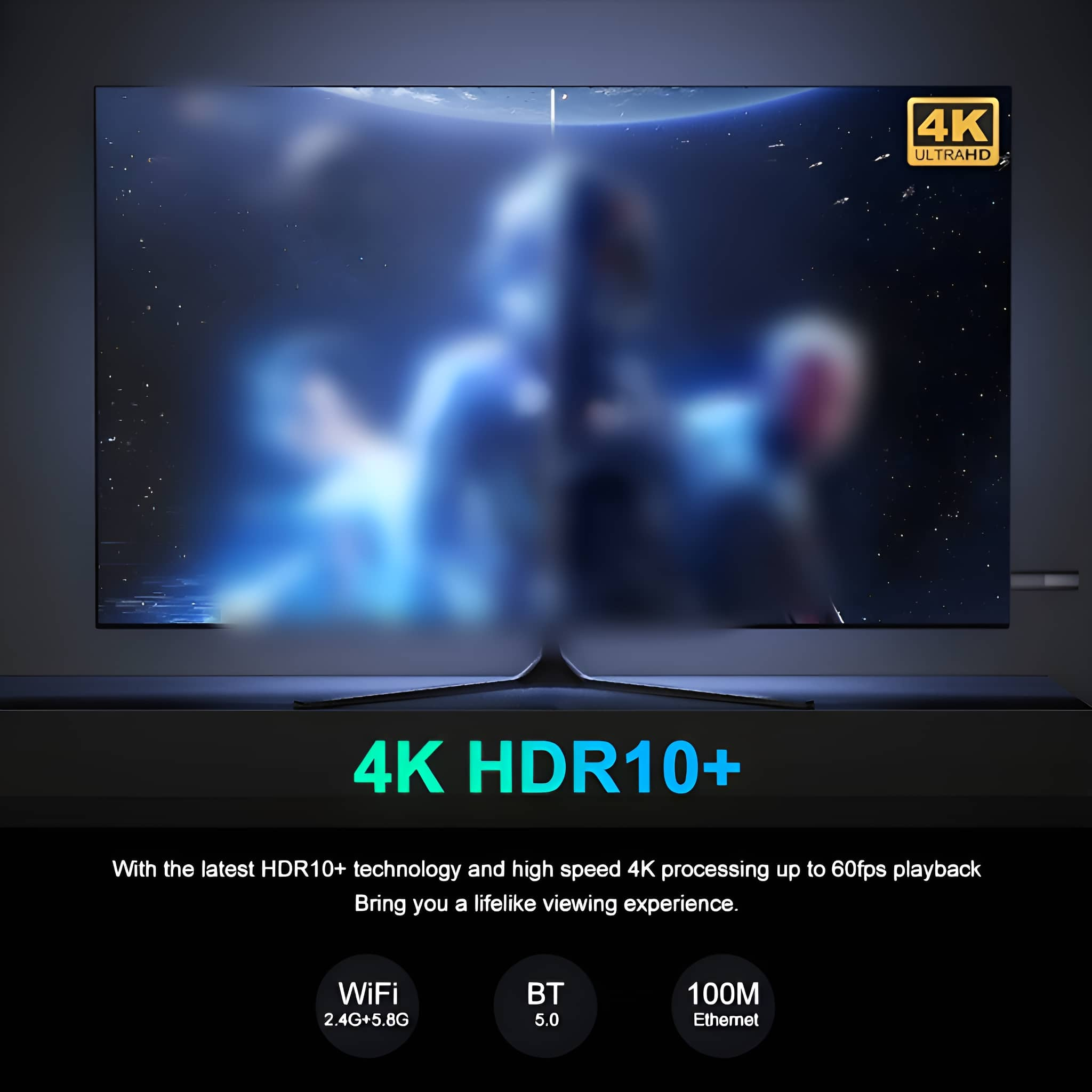 Ein 4K Ultra HD Fernseher zeigt ein verschwommenes Bild. Text: "4K HDR10+" und Merkmale des Fernsehers.