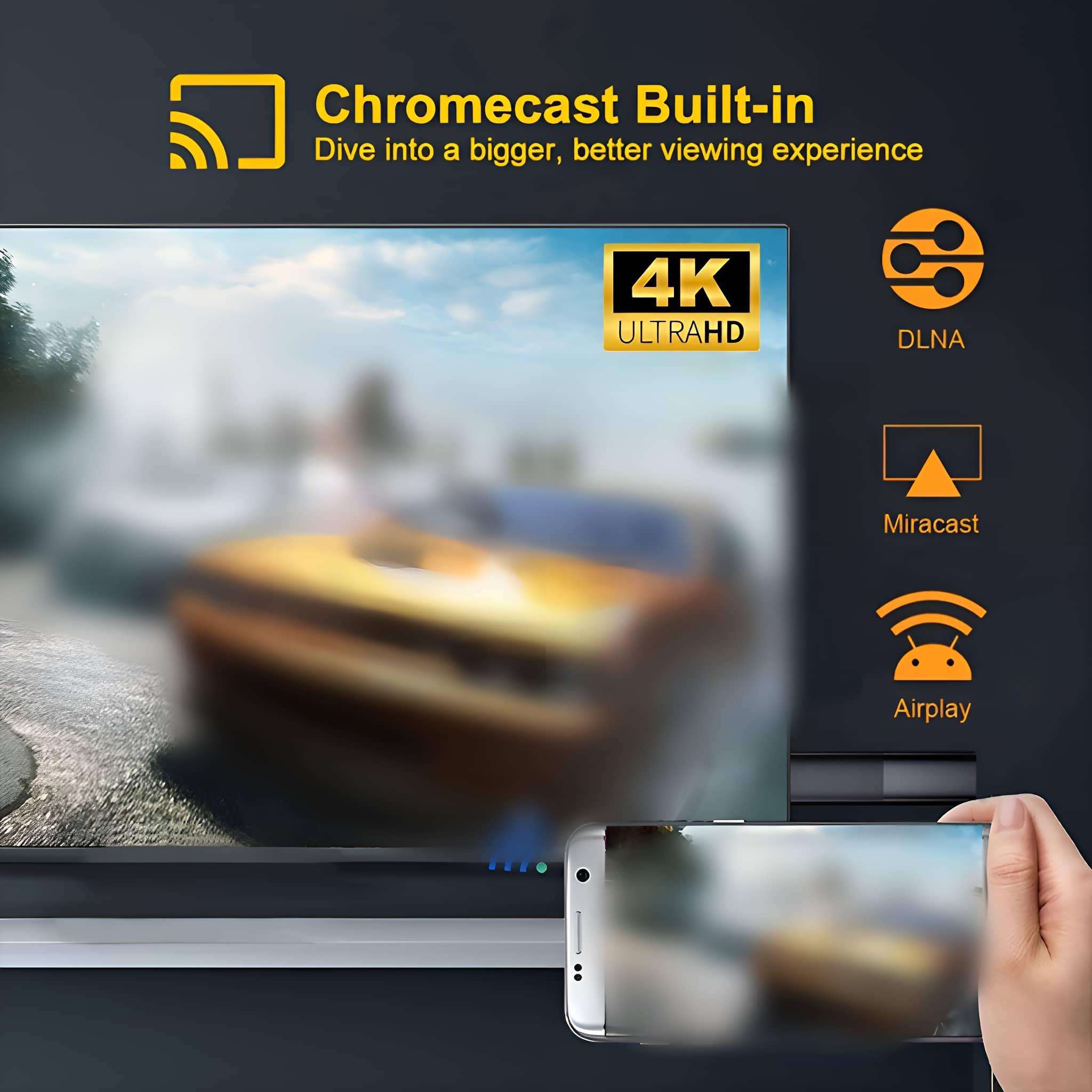 Fernseher mit 4K-Inhalten, Telefon-Mirroring-Optionen: DLNA, Miracast und Airplay.