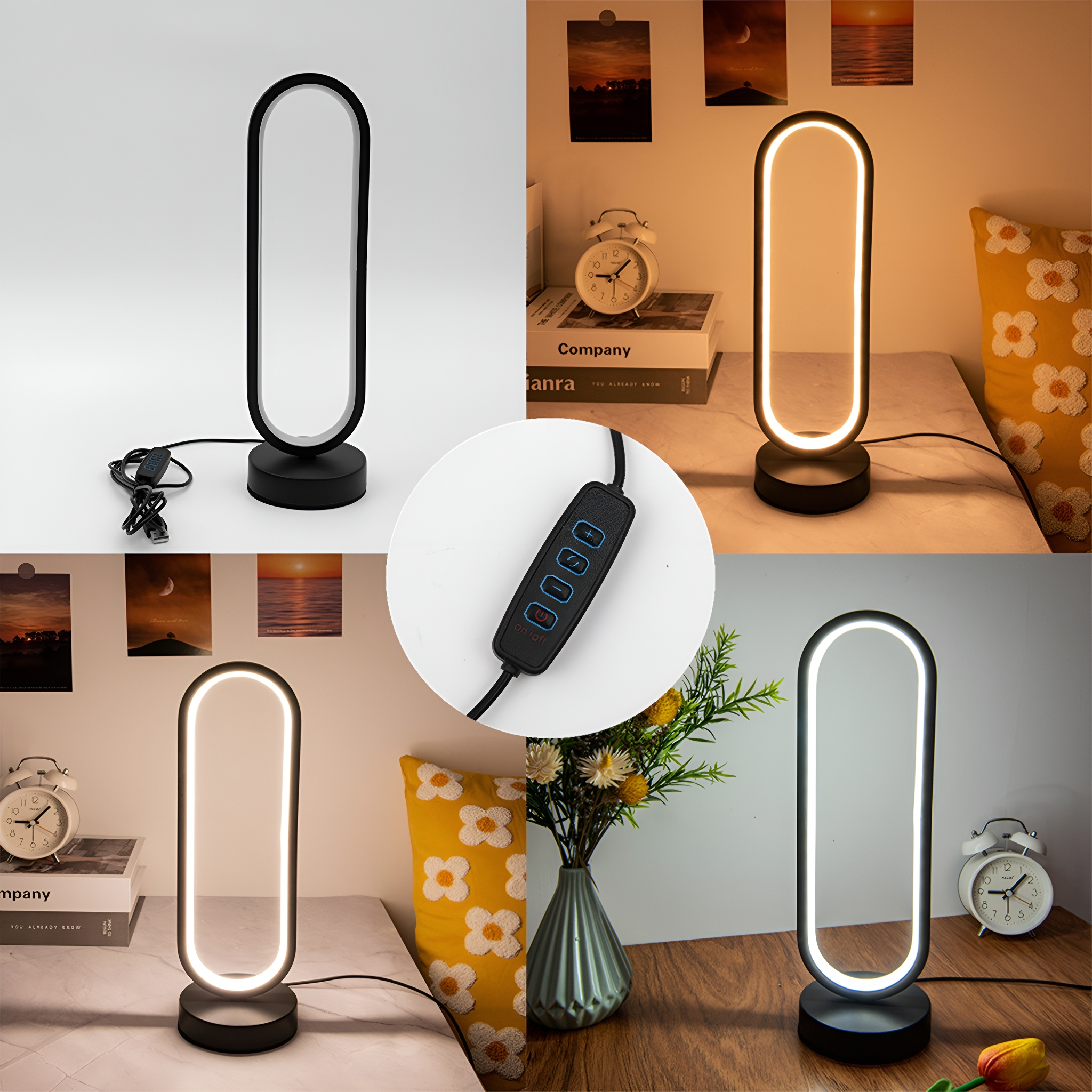 Schwarz-weiße LED-Tischlampe mit ovaler Form, gezeigt in verschiedenen Wohnumgebungen.