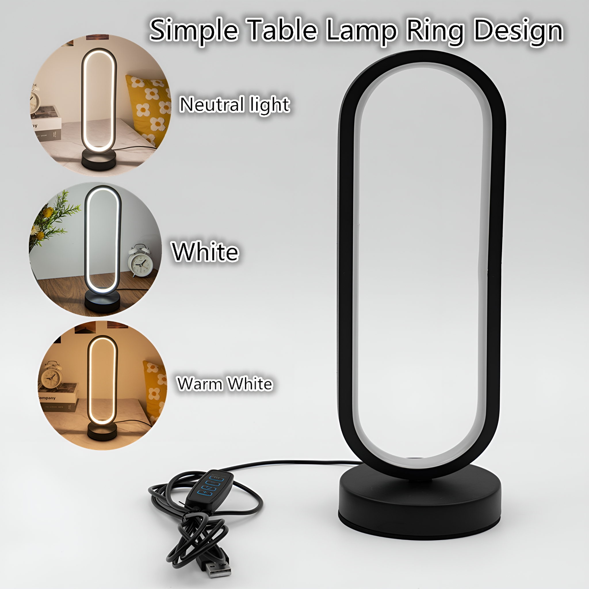 Schwarze, ovale Tischlampe mit drei verschiedenen Lichteinstellungen. Weißer Hintergrund.