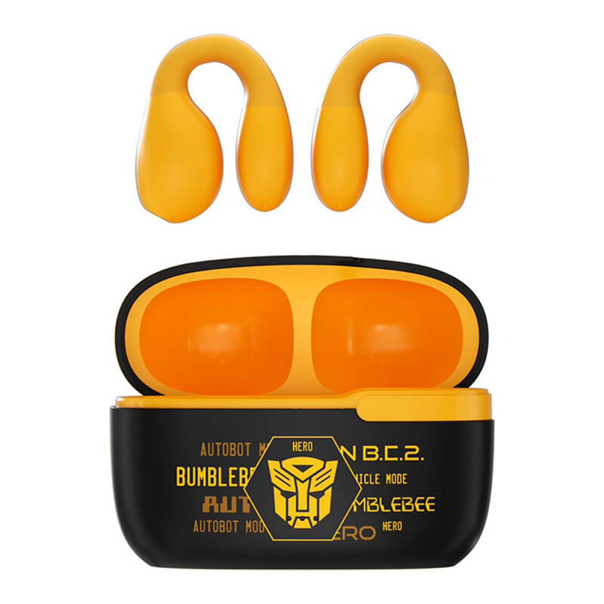Auriculares y estuche de carga Bumblebee amarillos, con logo Autobot, negro y amarillo.