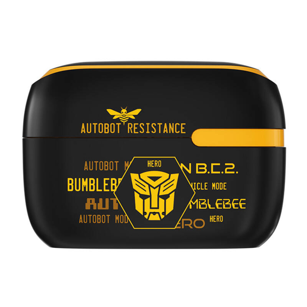 Un contenedor Autobot Bumblebee negro y amarillo con texto y un logotipo.