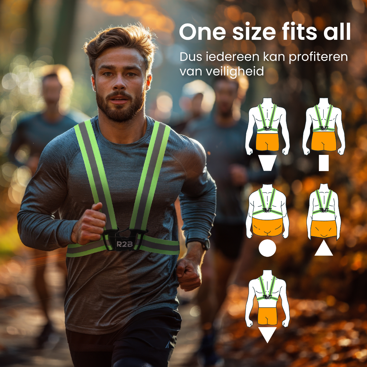 Man wearing reflective safety vest, running. Diagrams show how it fits various body types. Background: trees.